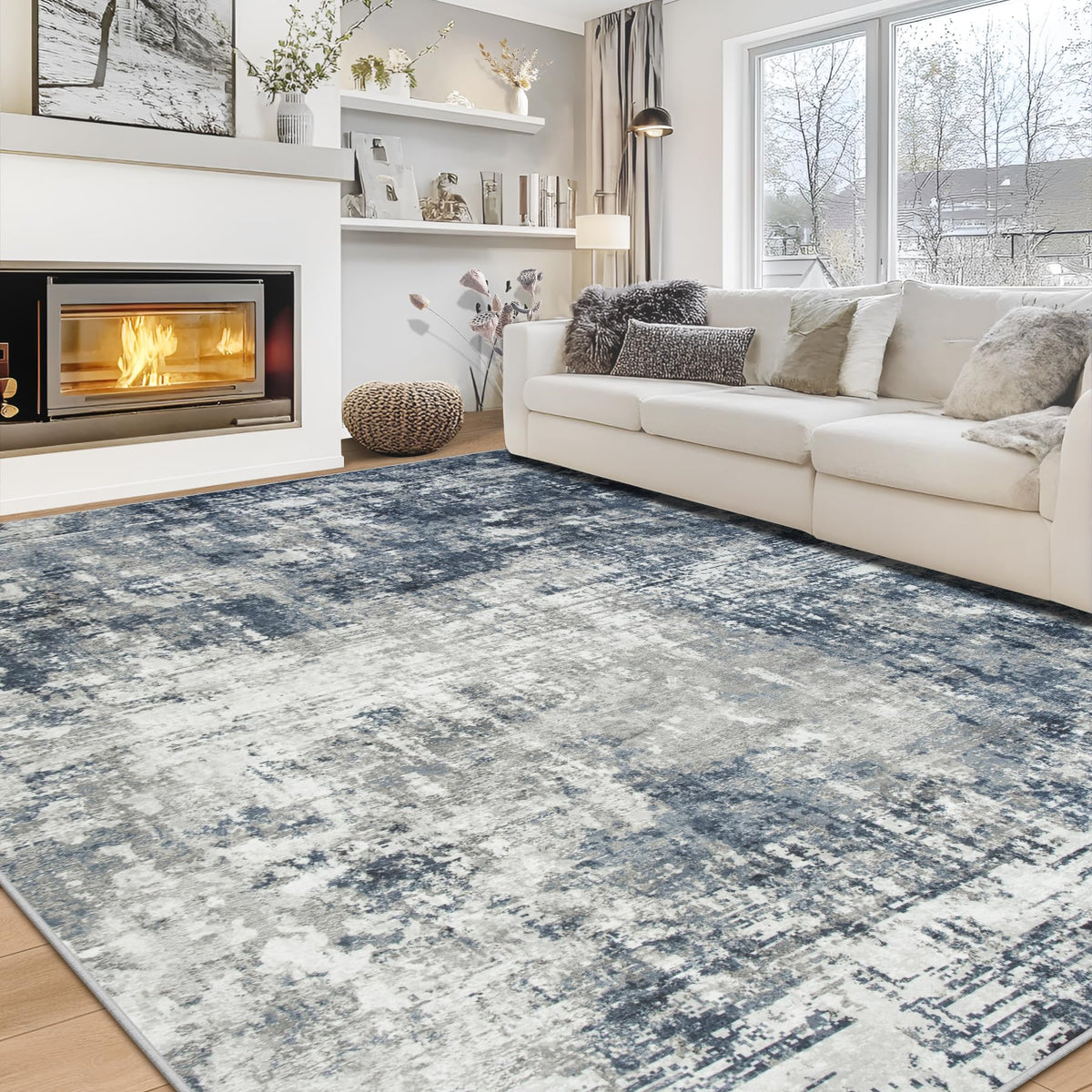 Aelenmu front view of 8x10 blue grey rug showing neutral design and calm tone