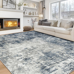 Aelenmu front view of 8x10 blue grey rug showing neutral design and calm tone