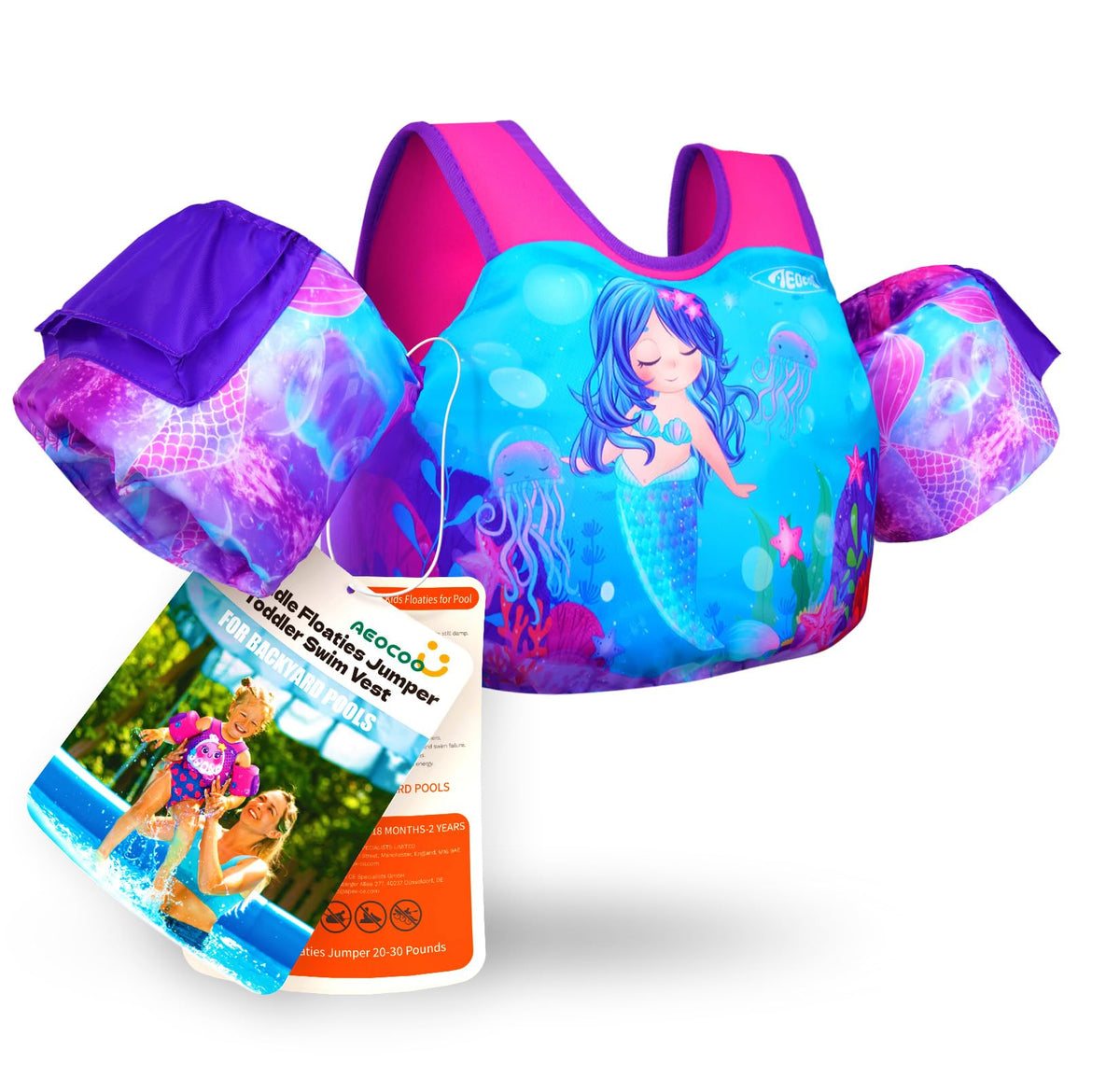 AEOCOO front view of swim vest showing secure fit and bright design benefits confidence