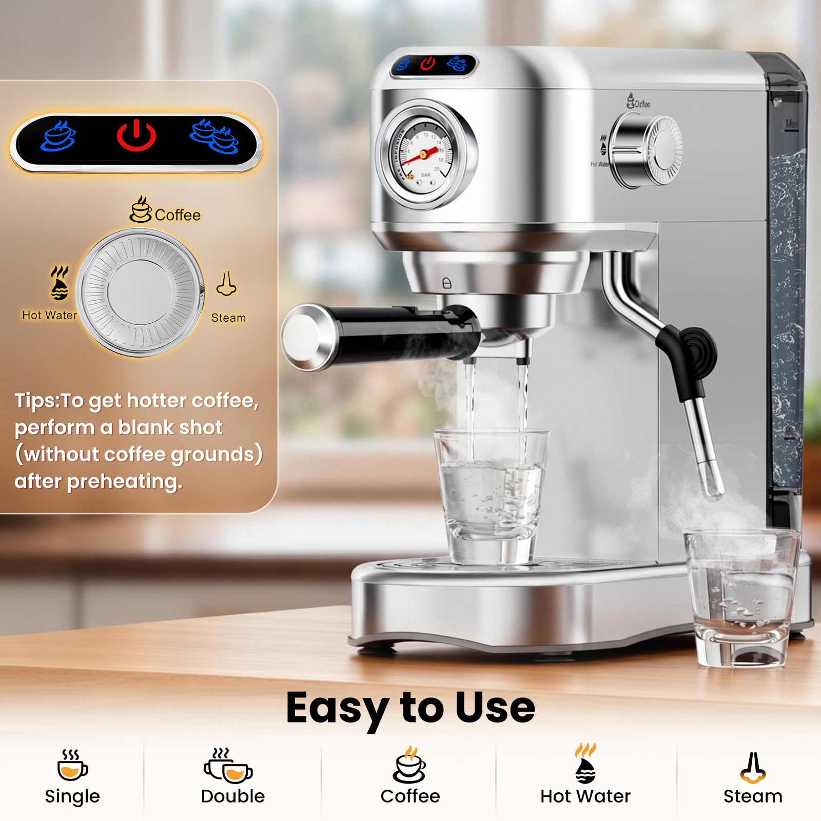 AERCANA cappuccino poured in glass beside machine illustrating café-style drinks at home