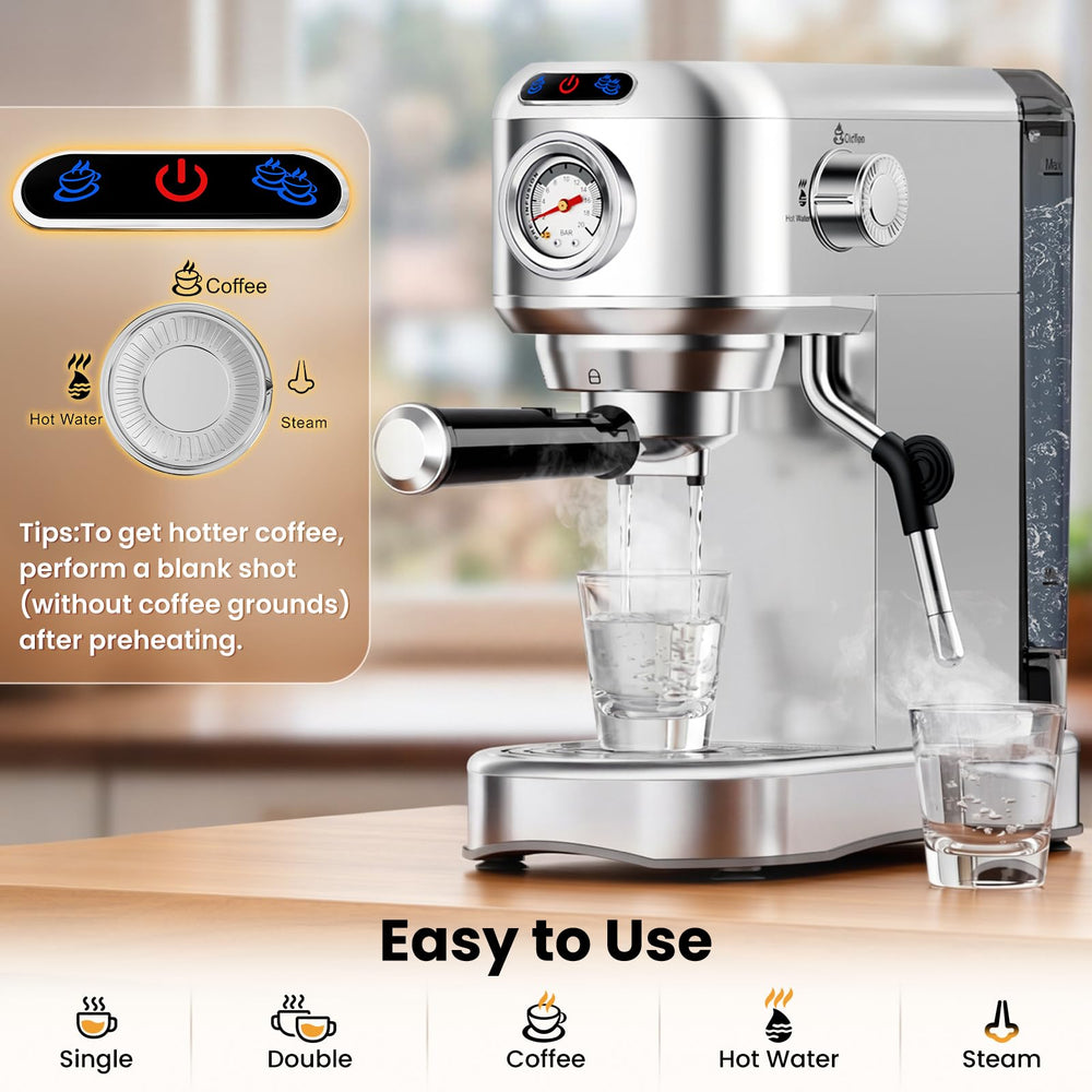 AERCANA cappuccino poured in glass beside machine illustrating café-style drinks at home