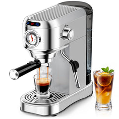 AERCANA front view stainless steel espresso machine showing compact design and controls for convenience