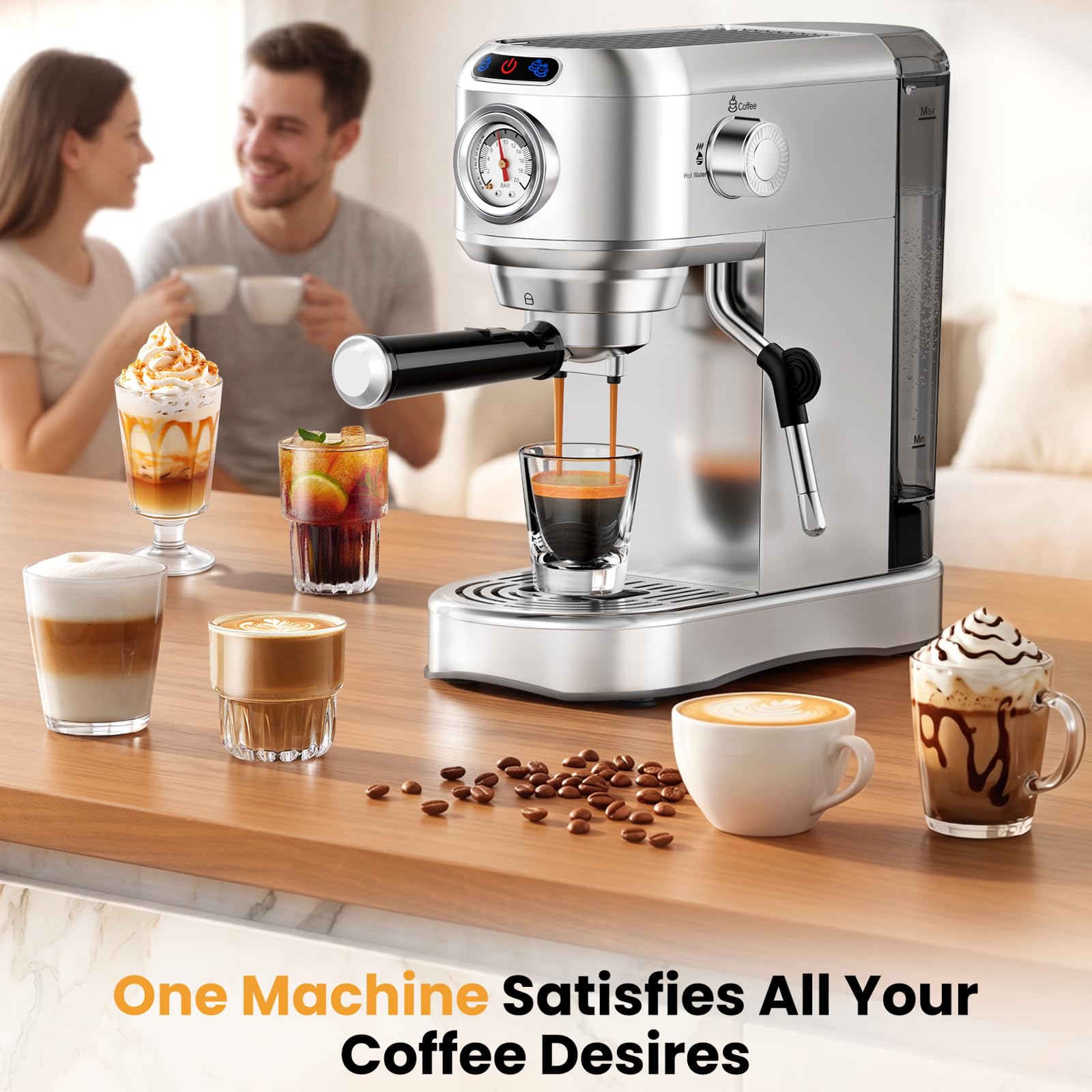 AERCANA on an office counter brewing espresso in a workplace lifestyle scene for team coffee