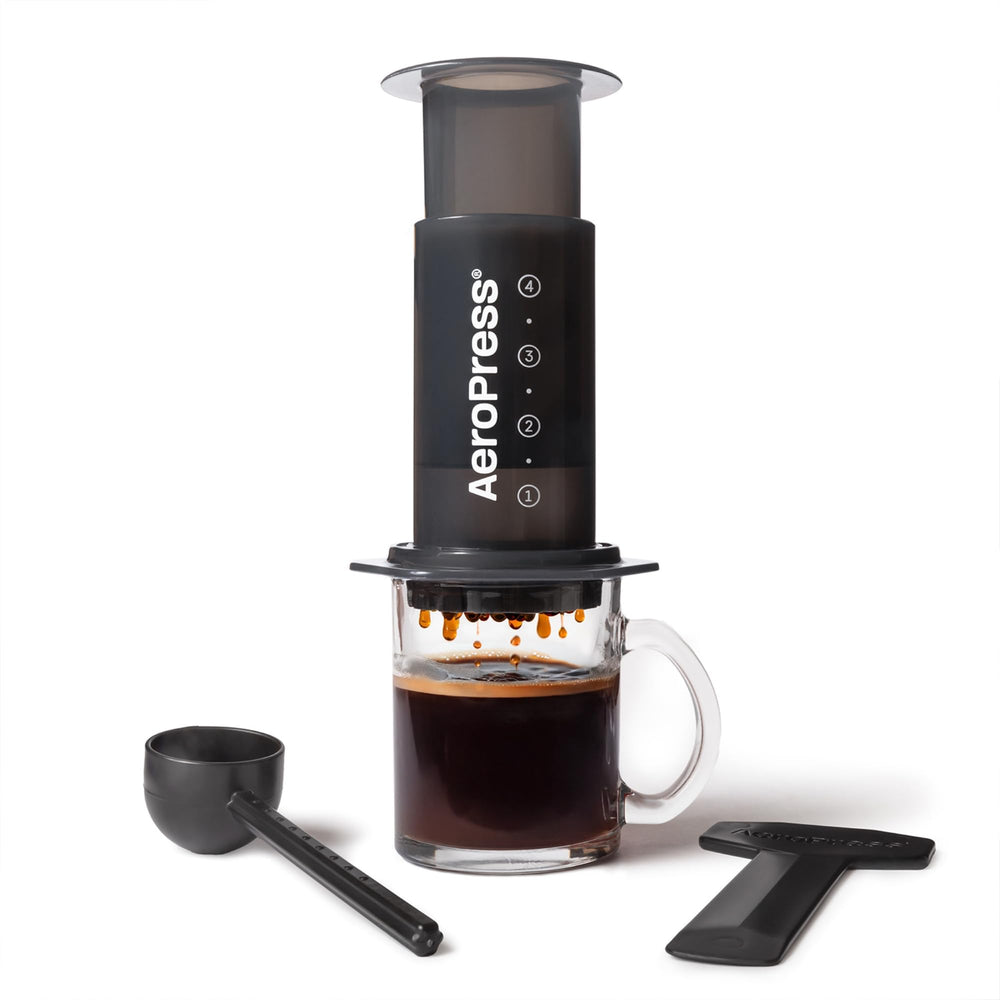 AeroPress front view showing compact body and components for quick brewing benefit