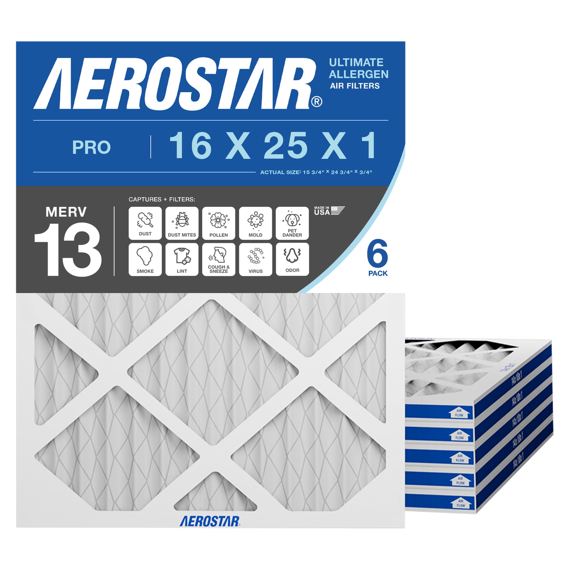 Aerostar front packaging showing six-pack and filter benefits
