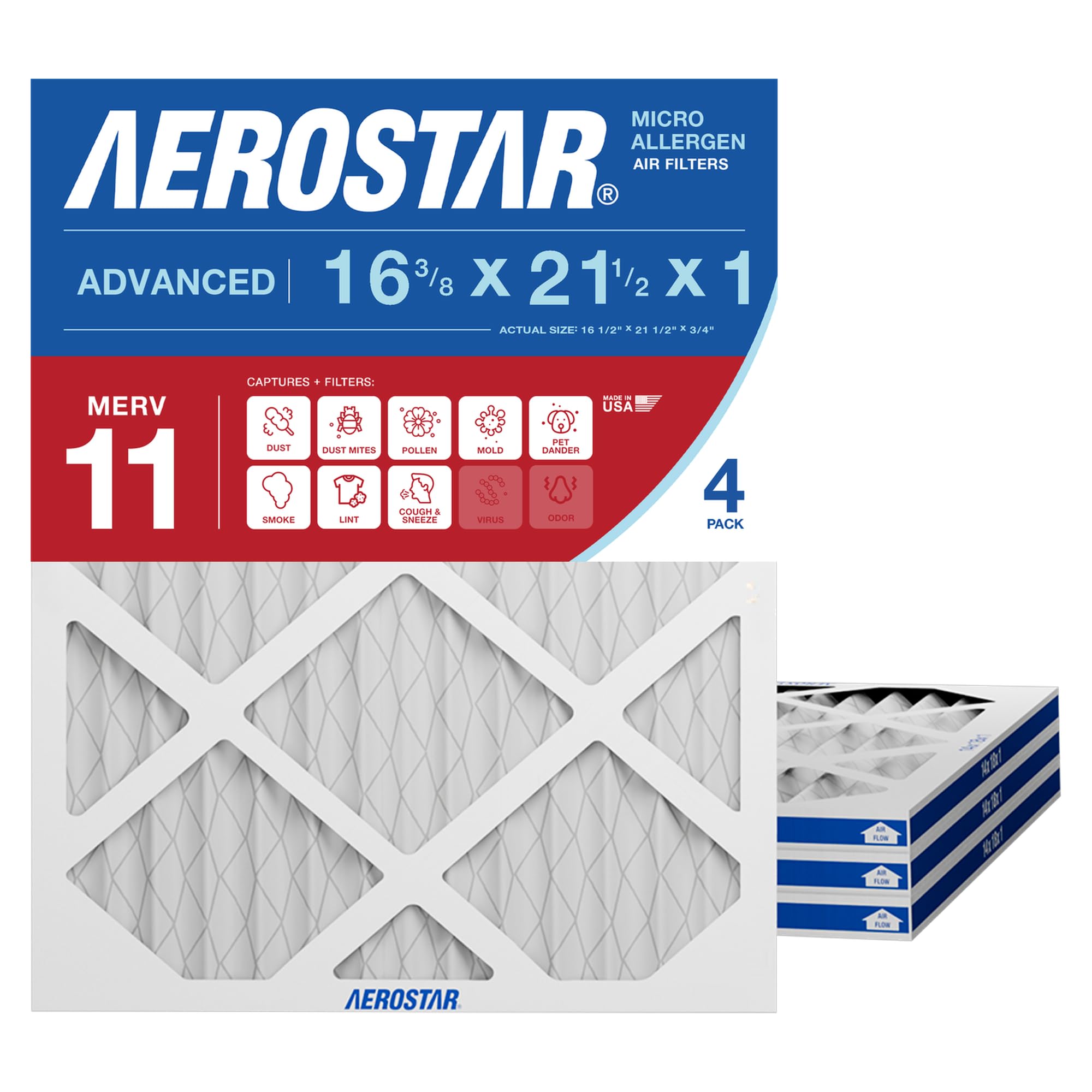 Aerostar front packaging showing product name and MERV 11 benefit