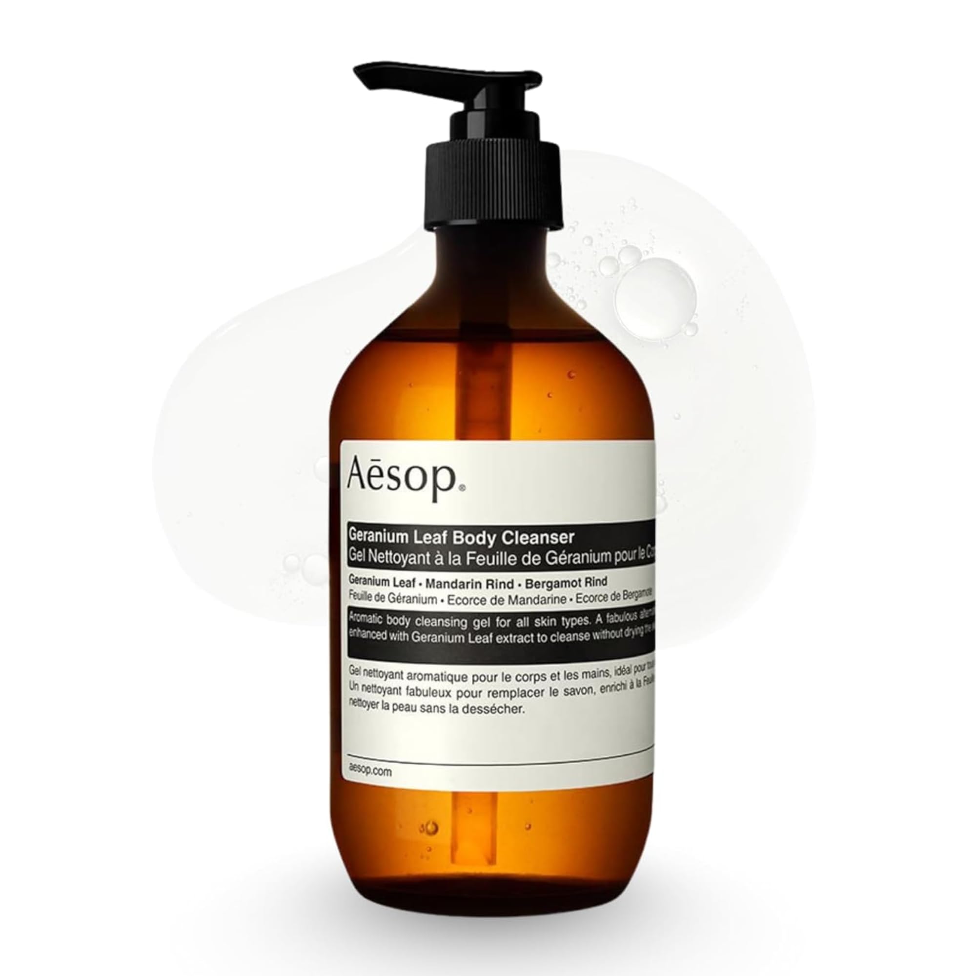 Aesop front packaging showing bottle and label, conveys premium cleansing