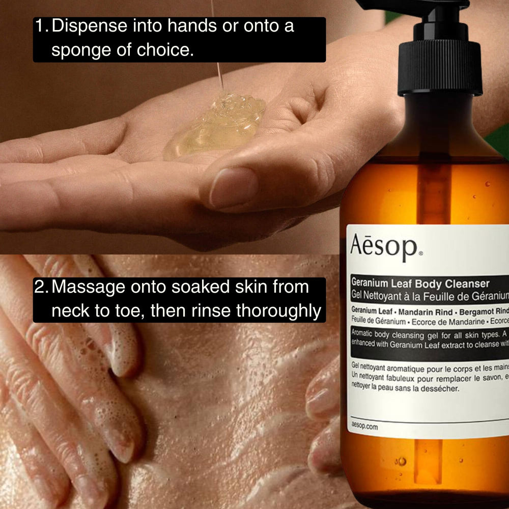 Aesop with geranium leaves ingredient display, emphasizes botanical scent