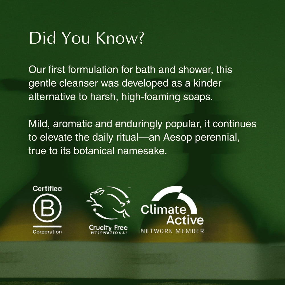 Aesop recycled-plastic label close-up, communicates sustainable packaging