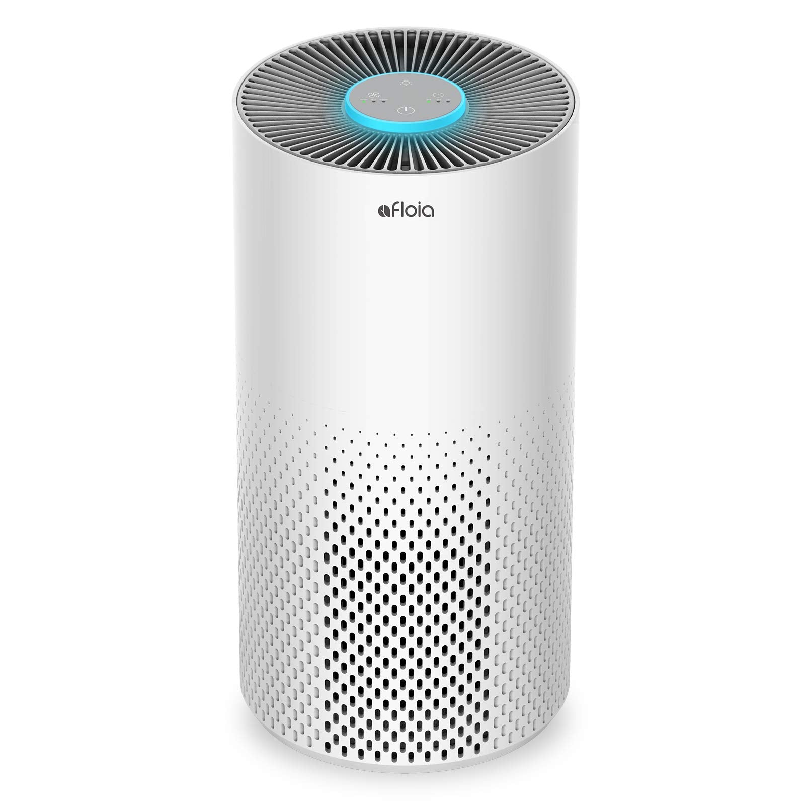 Afloia front view showing purifier in large room and fast air cleaning benefit