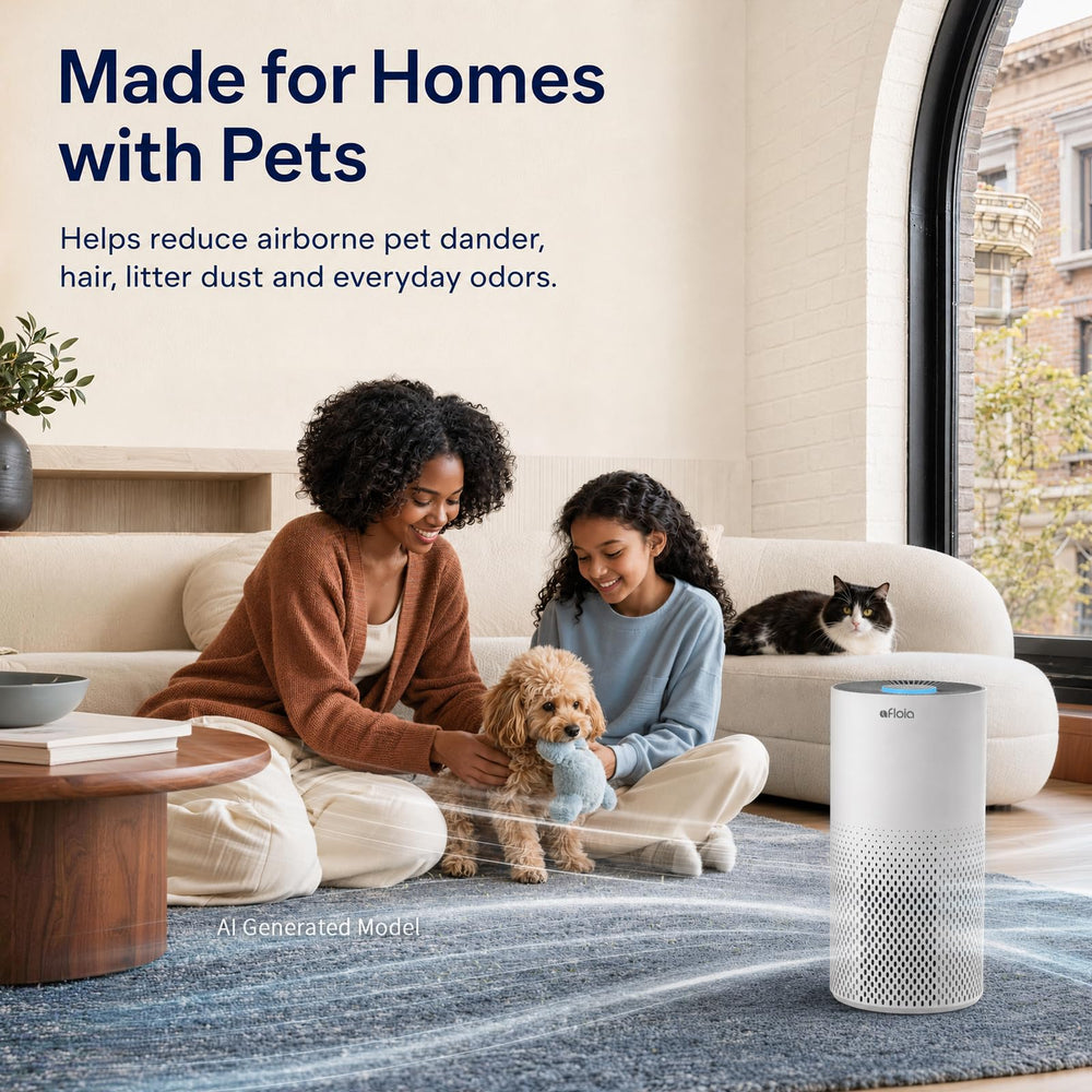 Afloia placed in living room with plant showing healthier-feeling indoor air benefit