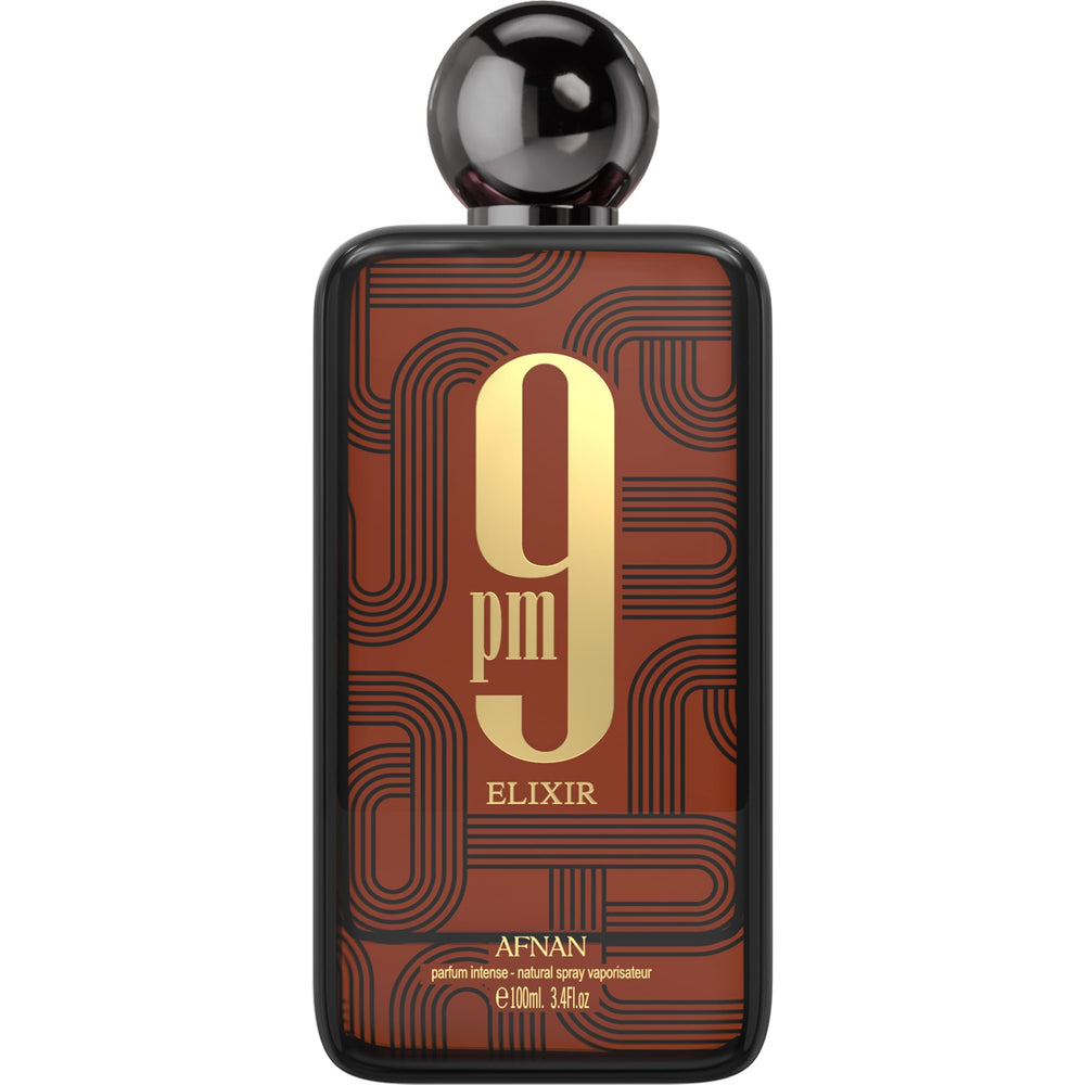 Afnan 9 PM Elixir front bottle showing elegant design and evening-ready appeal
