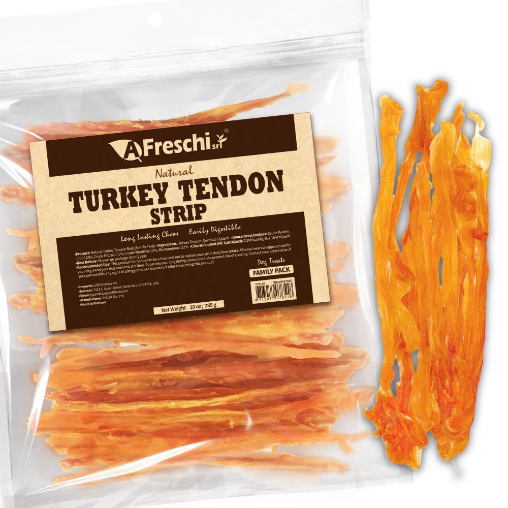 A Freschi srl front packaging of turkey tendon strips showing product benefits