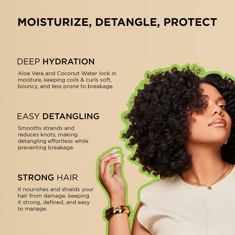 African Pride pouring creamy detangler texture highlighting aloe and coconut water hydration