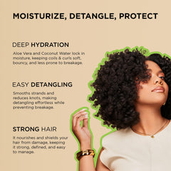 African Pride pouring creamy detangler texture highlighting aloe and coconut water hydration