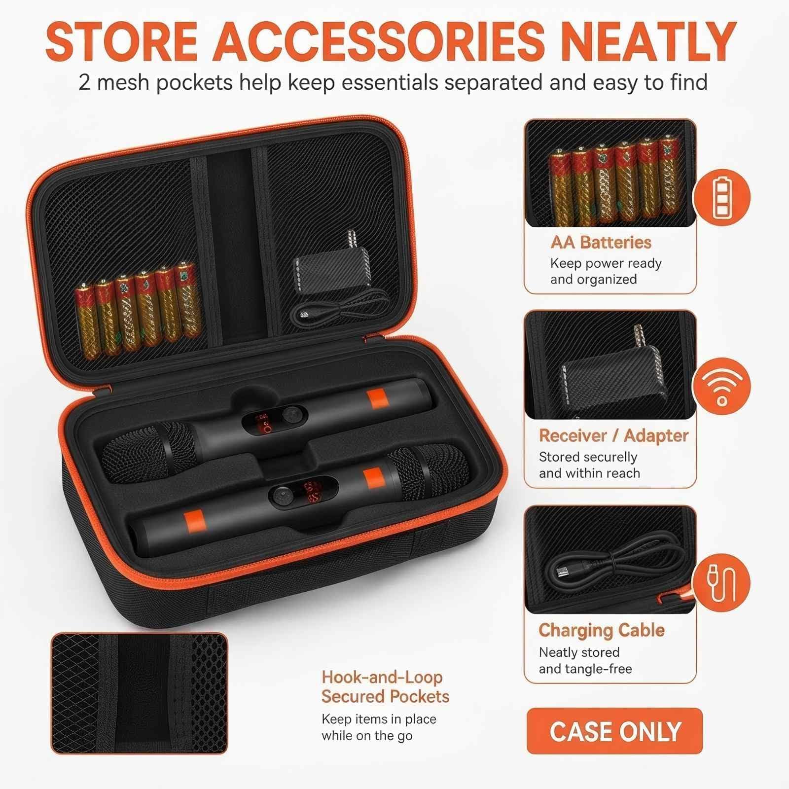 Againmore mesh pockets holding cables and batteries for organized storage
