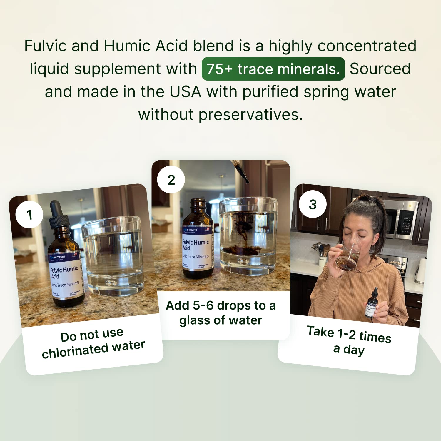 AgeImmune drops in a glass of water illustrating simple serving use for hydration support