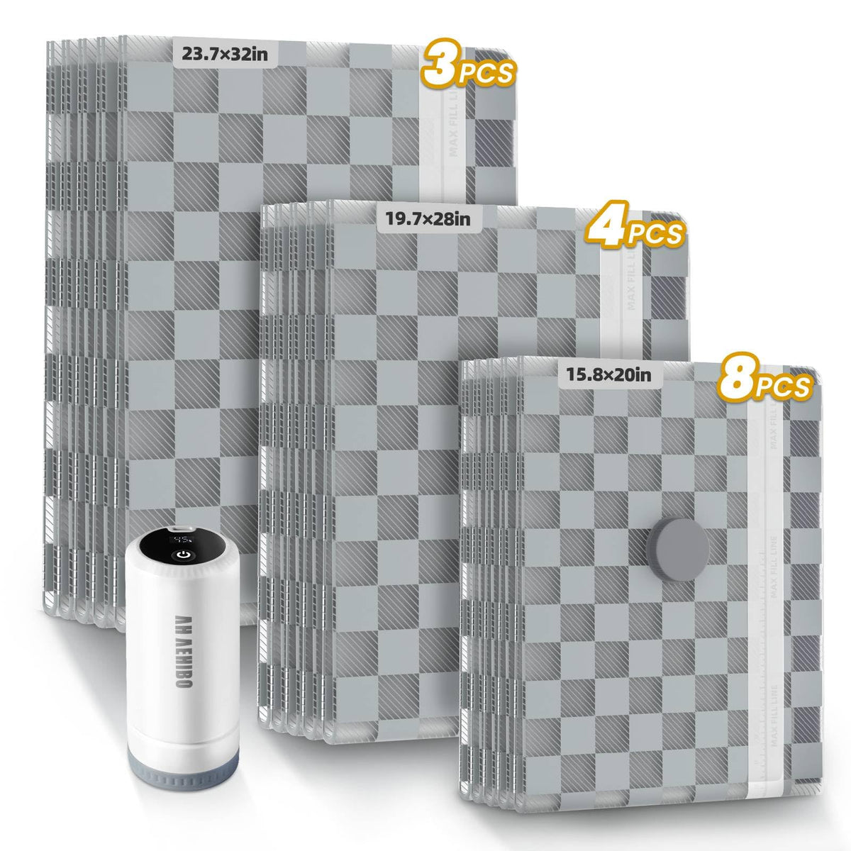 AH AEHIBO front packaging showing 15-piece vacuum bag set and pump for space saving