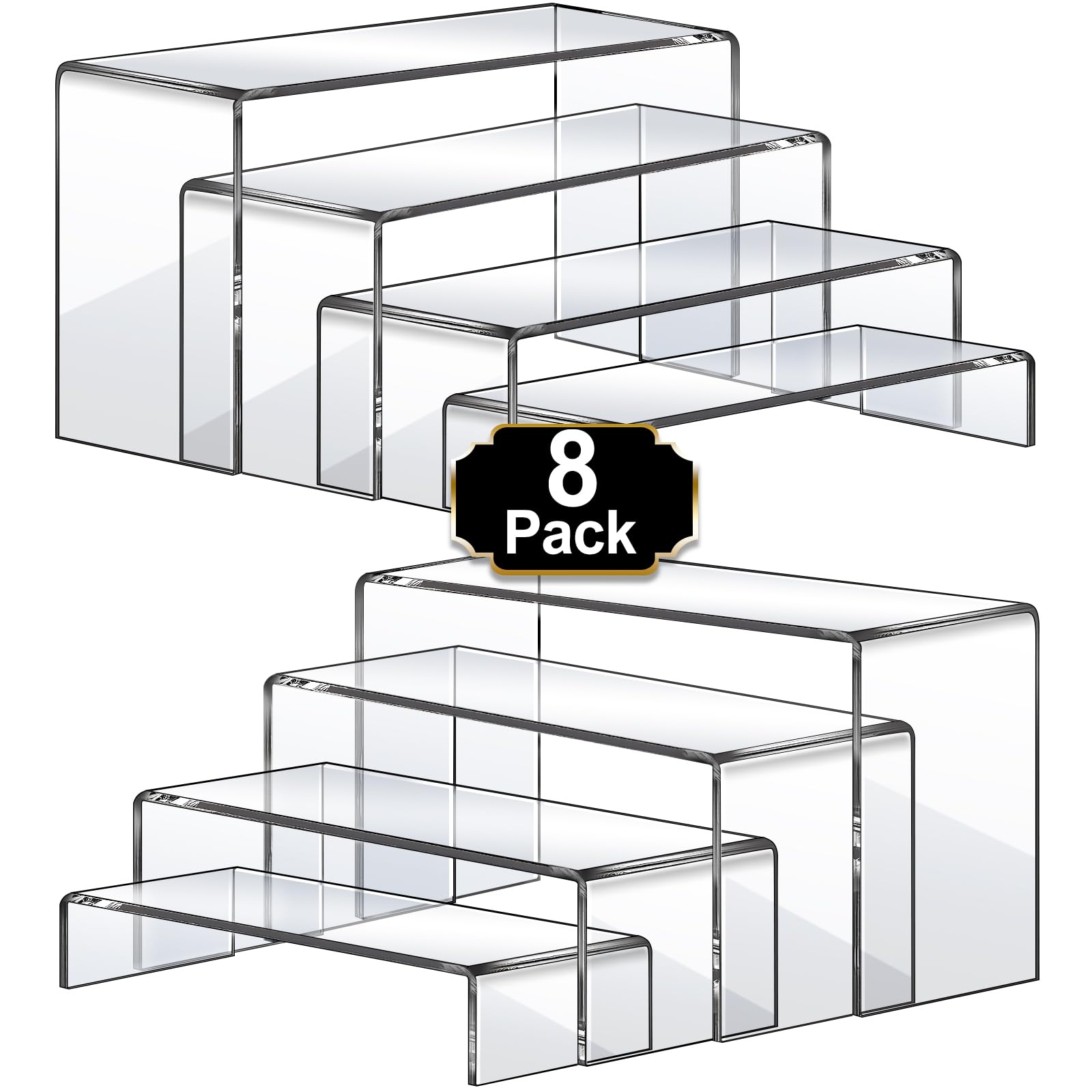 Aheroi clear acrylic risers front view showing set and neat presentation benefit