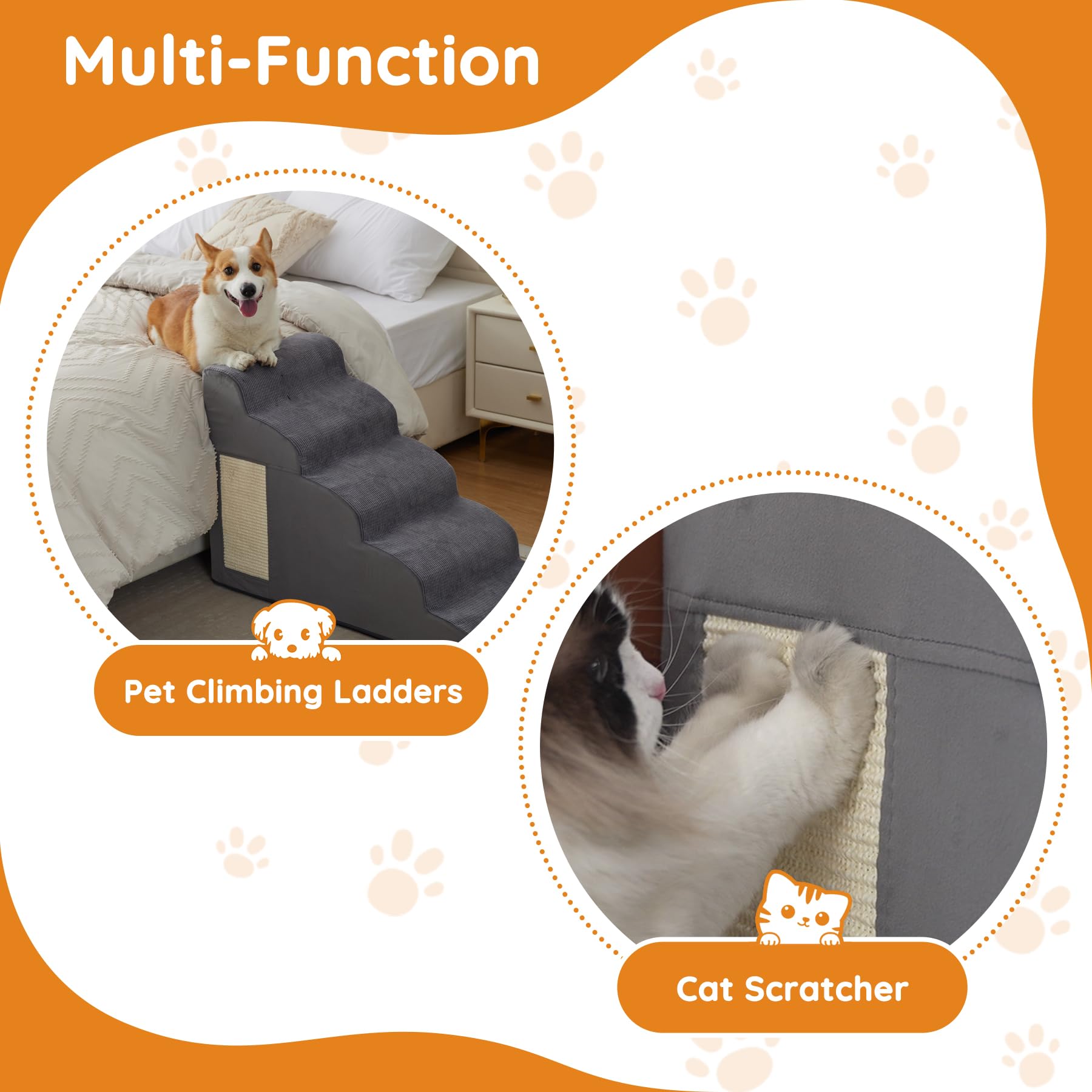 Ahpmeoa small dog using stairs to reach bed demonstrating ease
