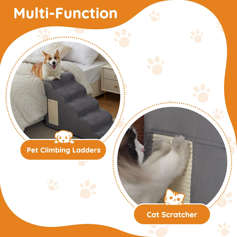 Ahpmeoa small dog using stairs to reach bed demonstrating ease