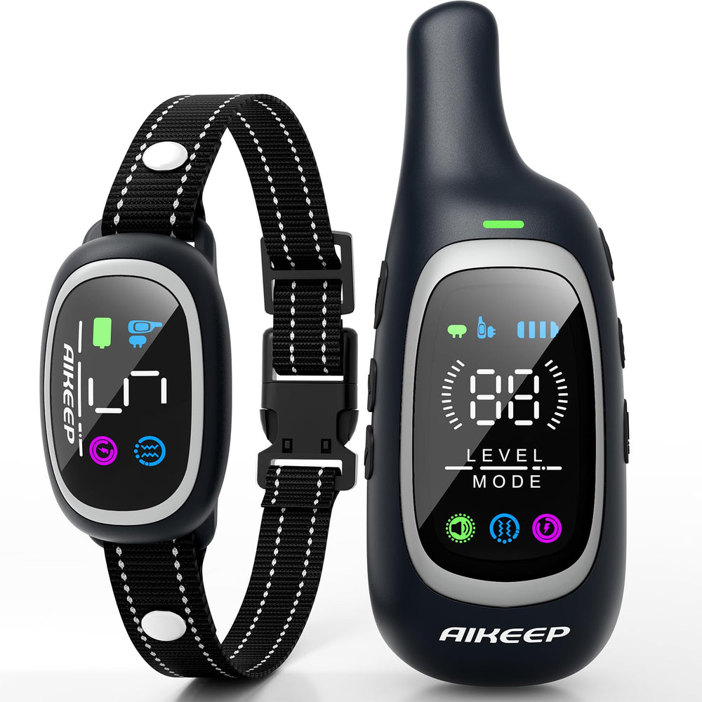 AIKEEP front view of collar and remote showing complete kit and ease of use
