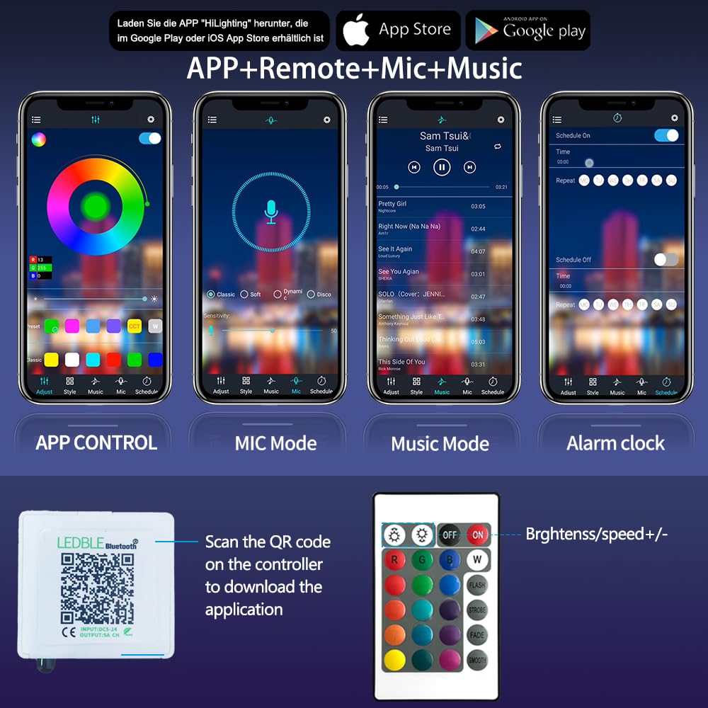 AILBTON IR remote and HiLighting app on phone for quick color and mode control