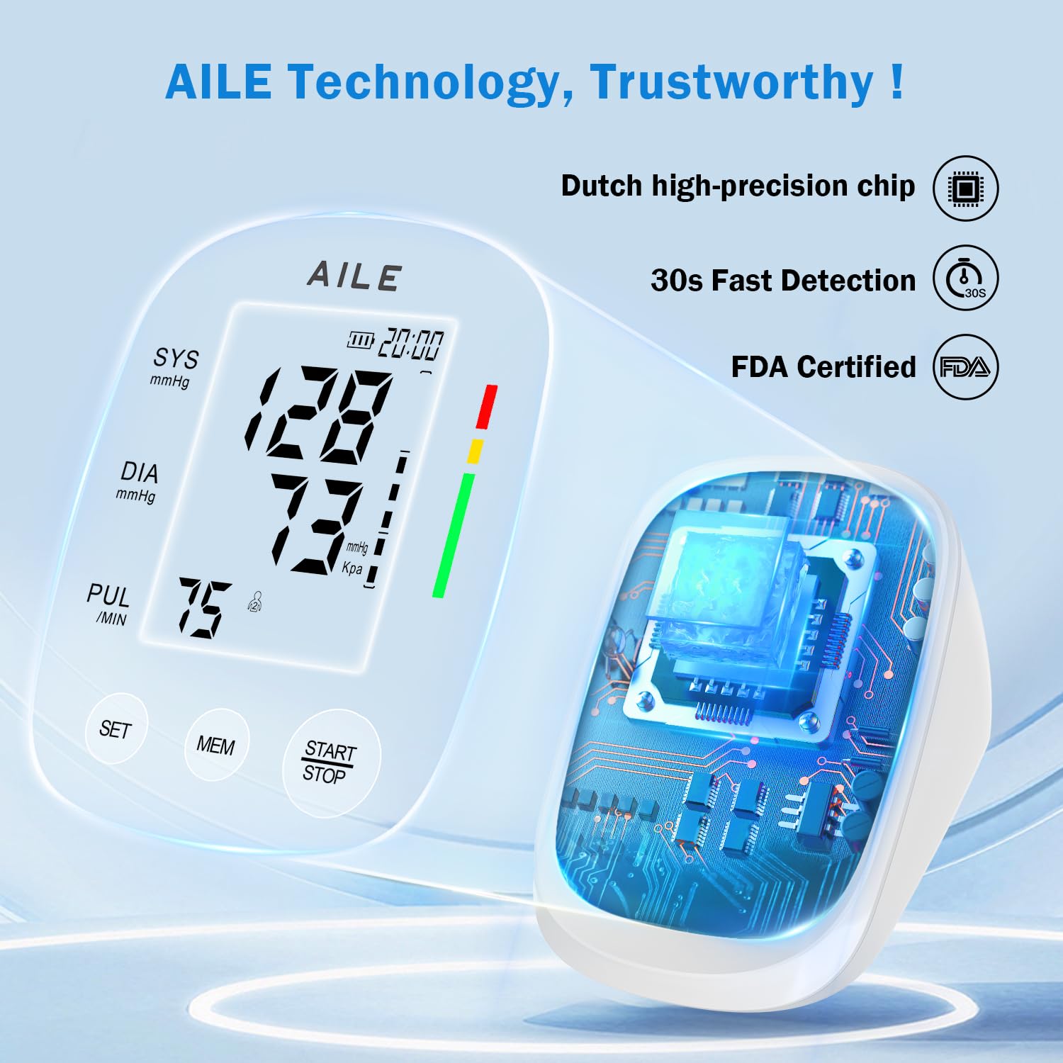 AILE device in use on an upper arm demonstrating comfortable placement and accurate readings