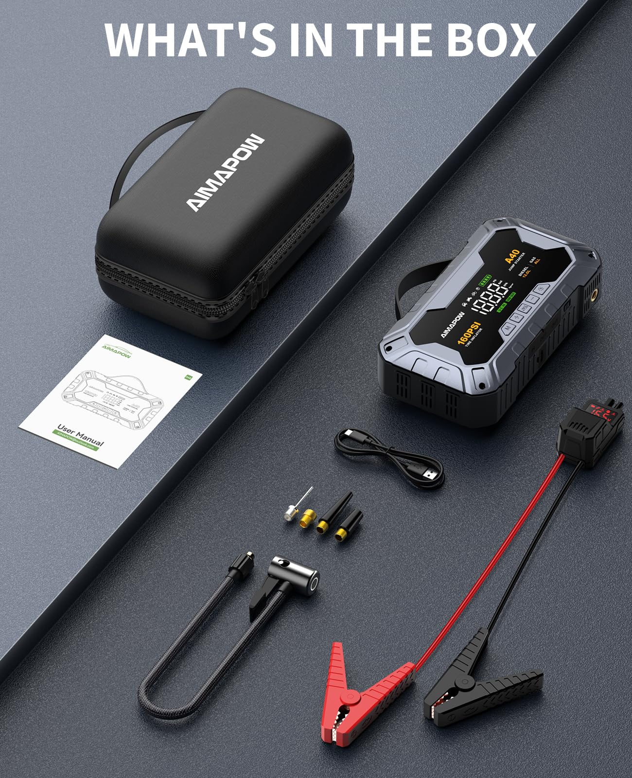 AIMAPOW in car trunk during roadside use providing fast battery and tire help
