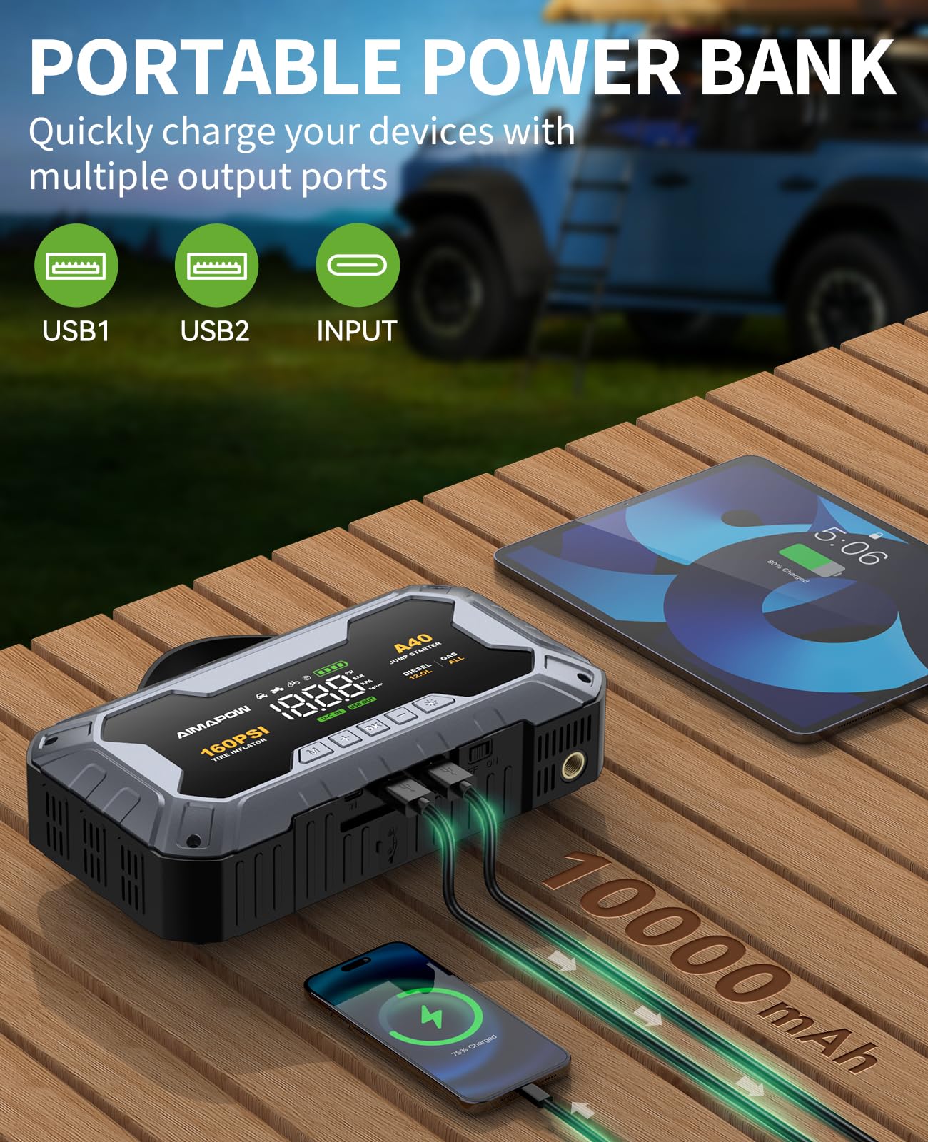 AIMAPOW next to a water bottle for scale showing compact portable convenience