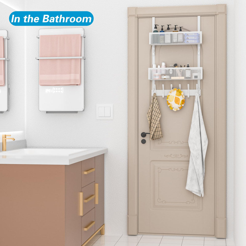 Aimeaihe hanging towels in a bathroom on hooks with baskets, adds compact bathroom storage benefit