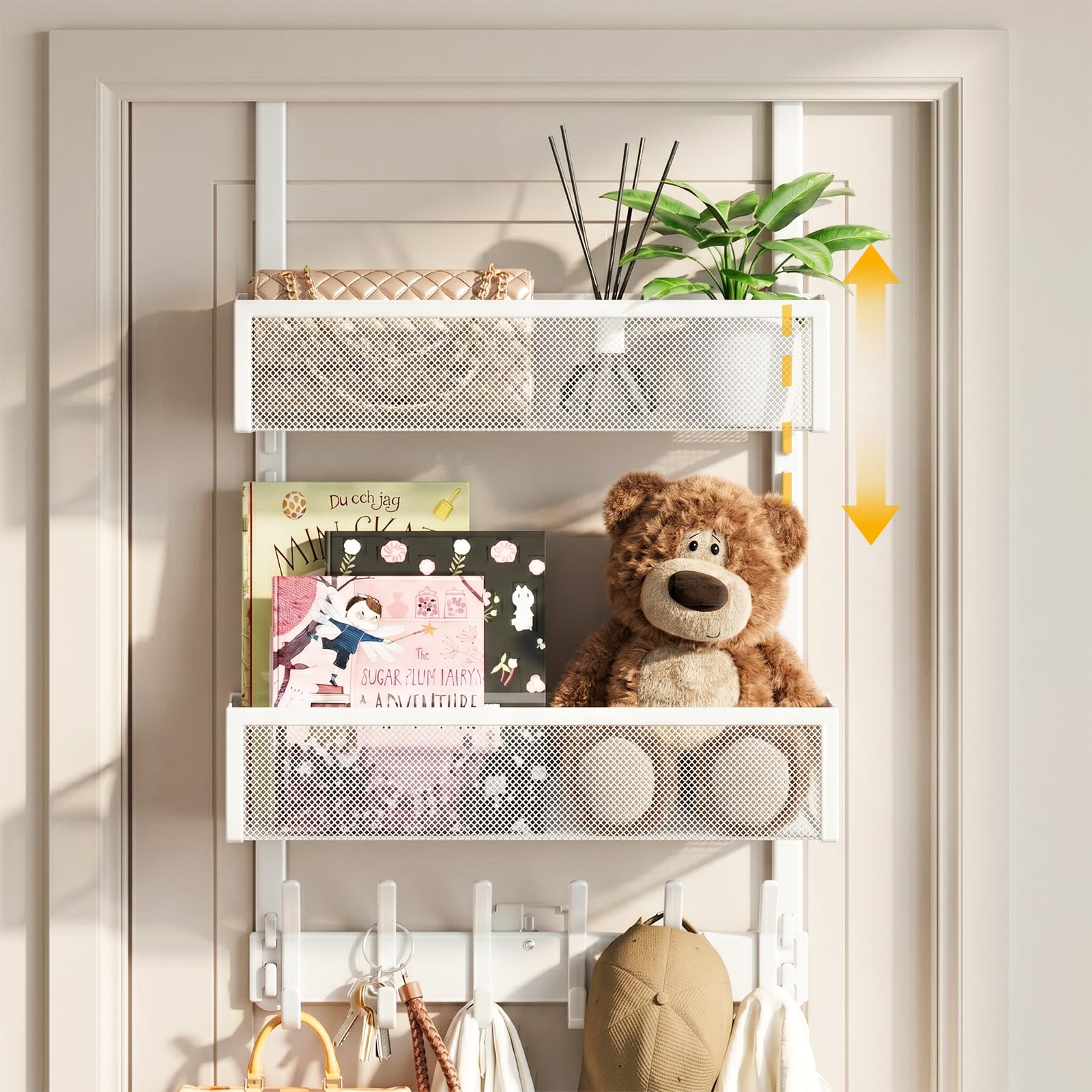 Aimeaihe front view of white over the door hanger showing full organizer and hooks, tidy storage benefit