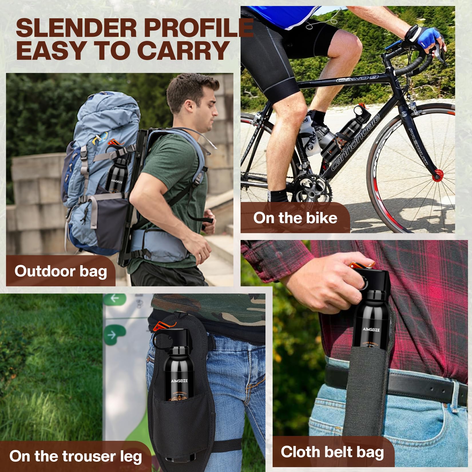AIMSEIZE canister inside a hiking pack illustrating convenient outdoor carry