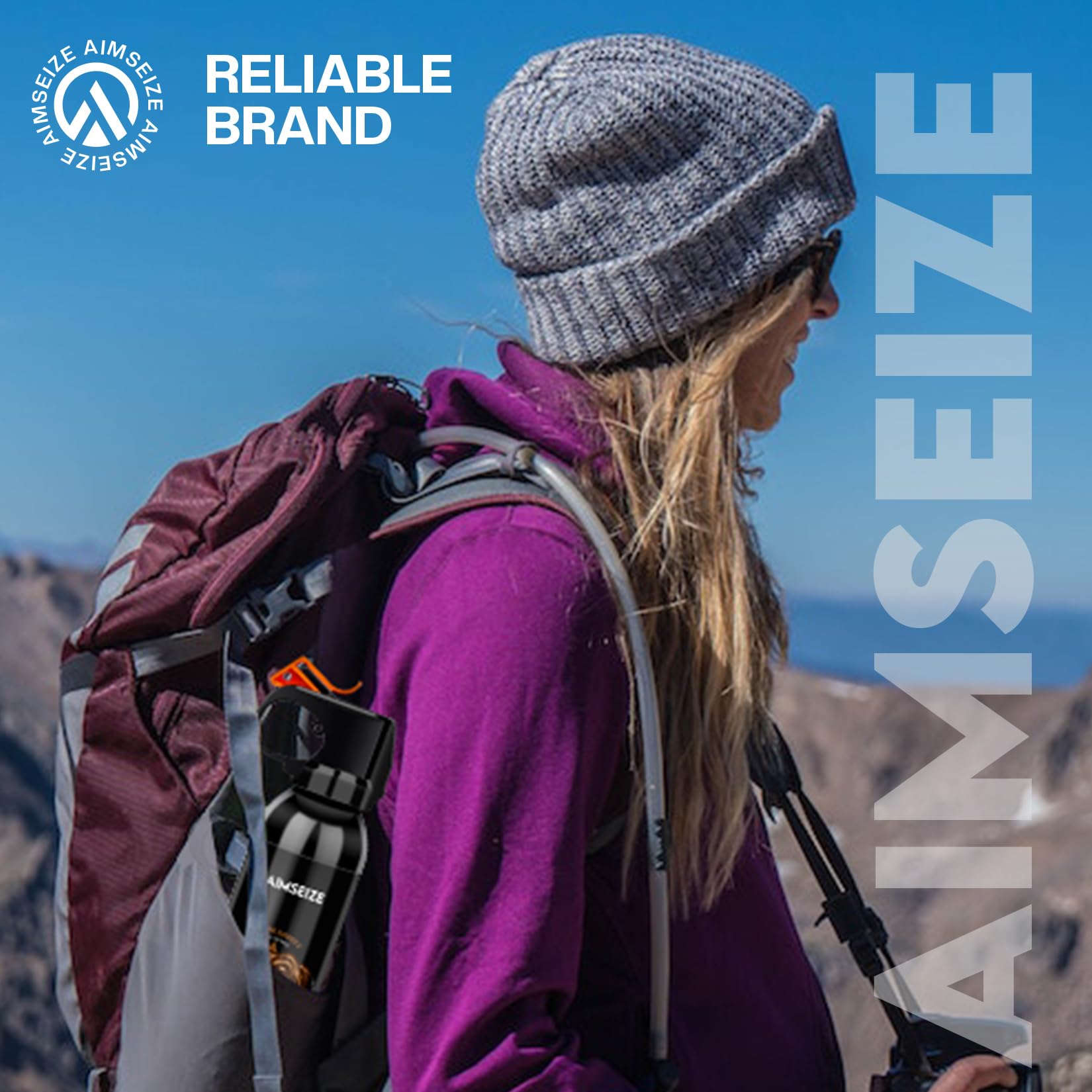 AIMSEIZE next to a water bottle showing 9.2oz size and portable advantage