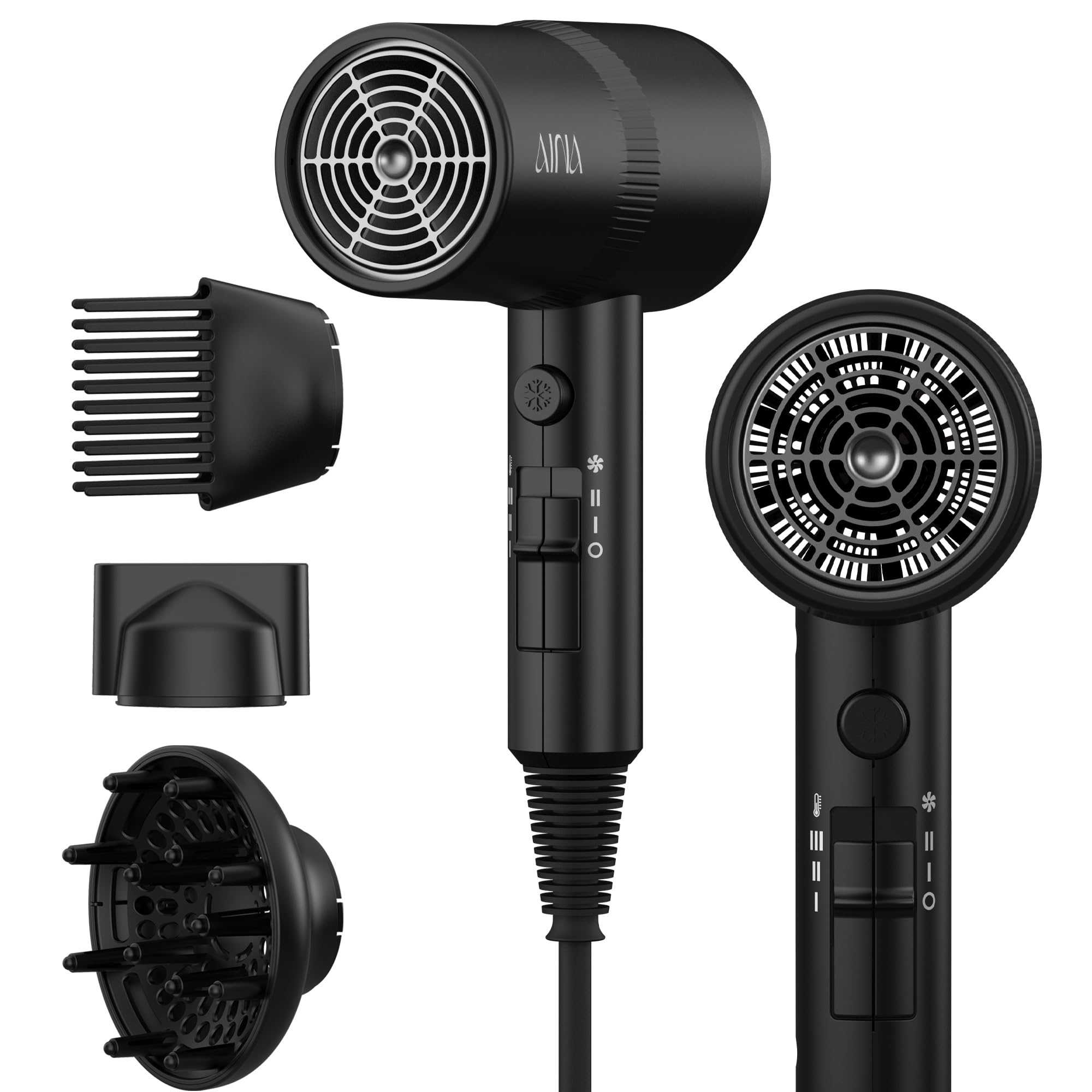 AINA hair dryer front view showing sleek body and nozzle, fast drying benefit