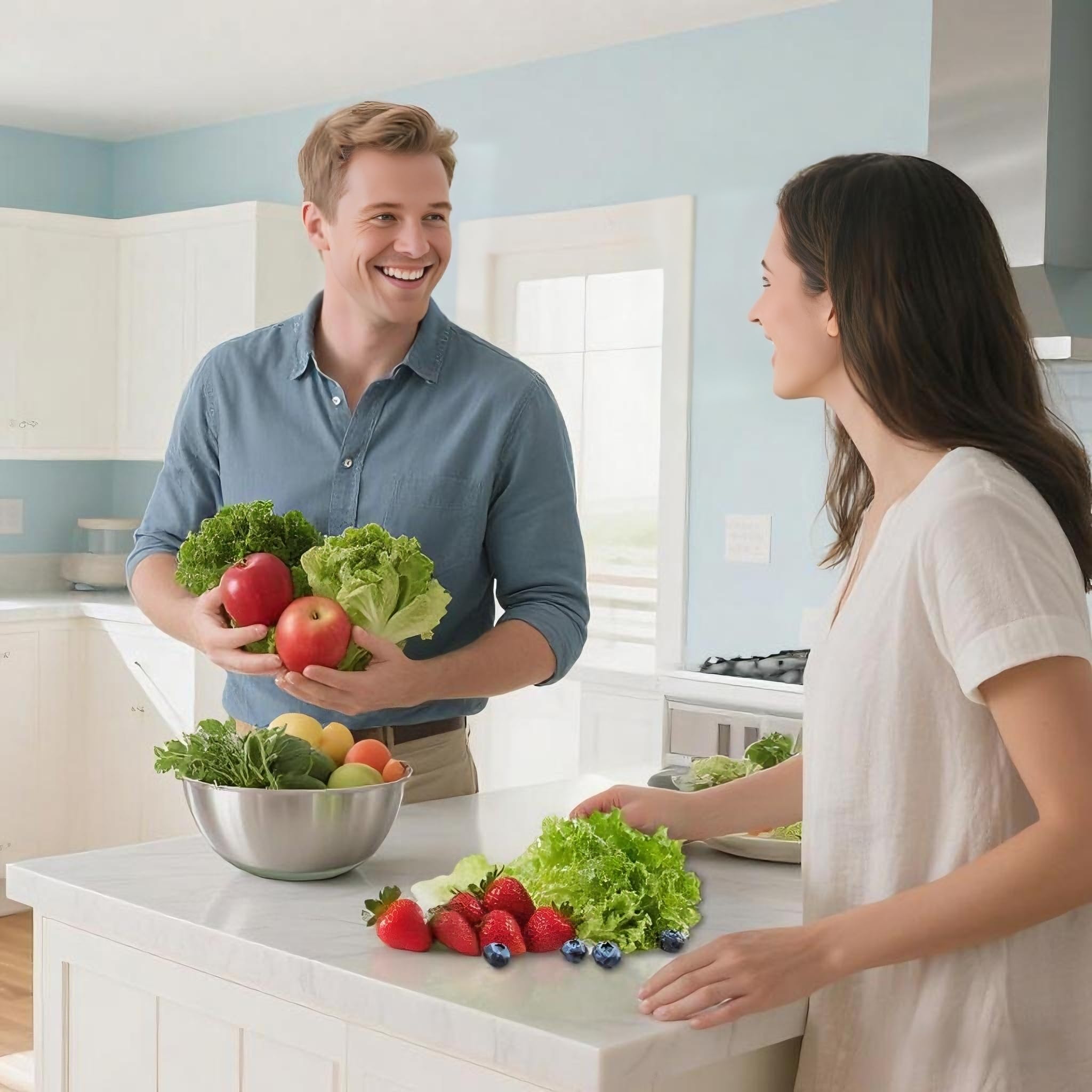 Ainmvnos next to vegetables showing 5.3qt capacity and practical scale