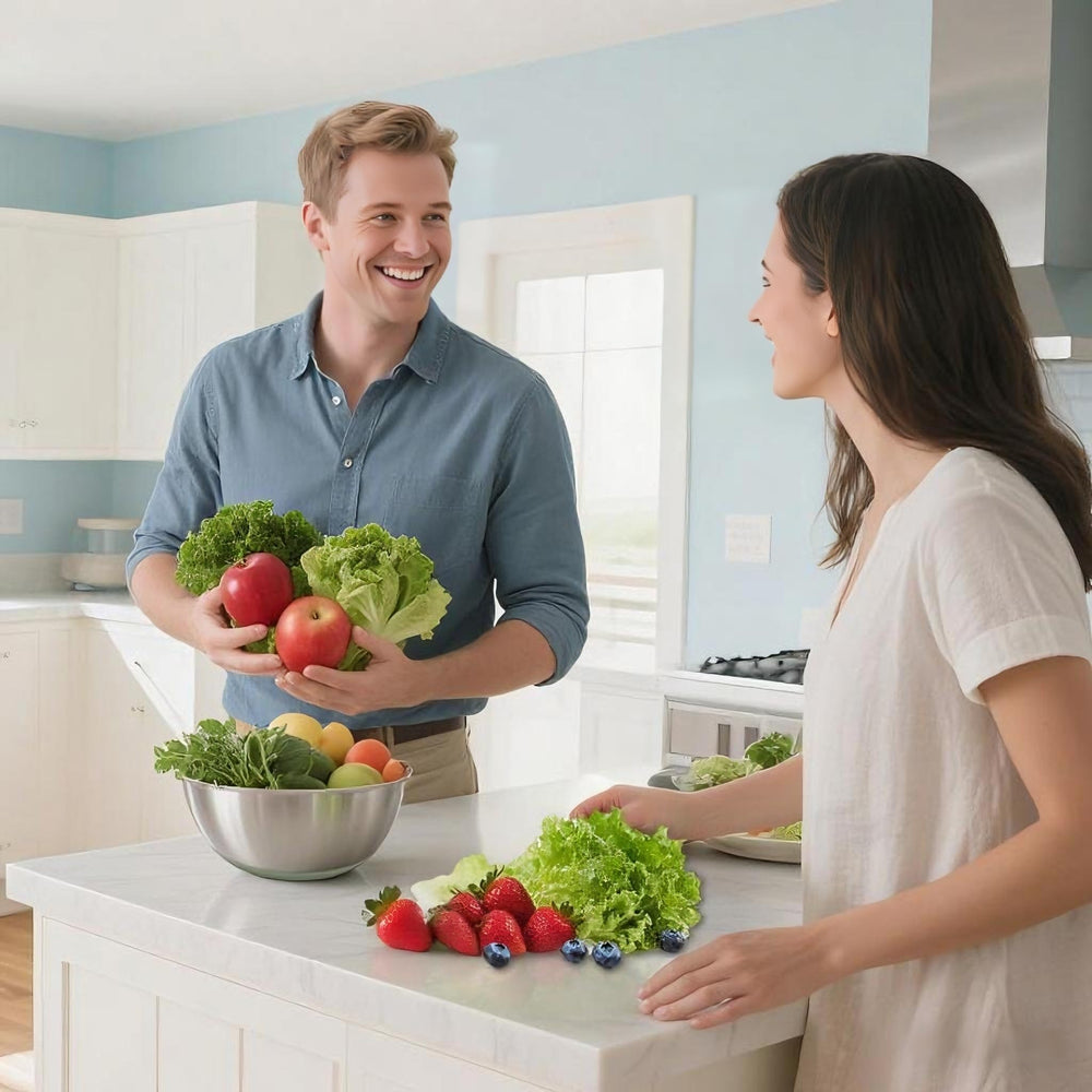Ainmvnos next to vegetables showing 5.3qt capacity and practical scale