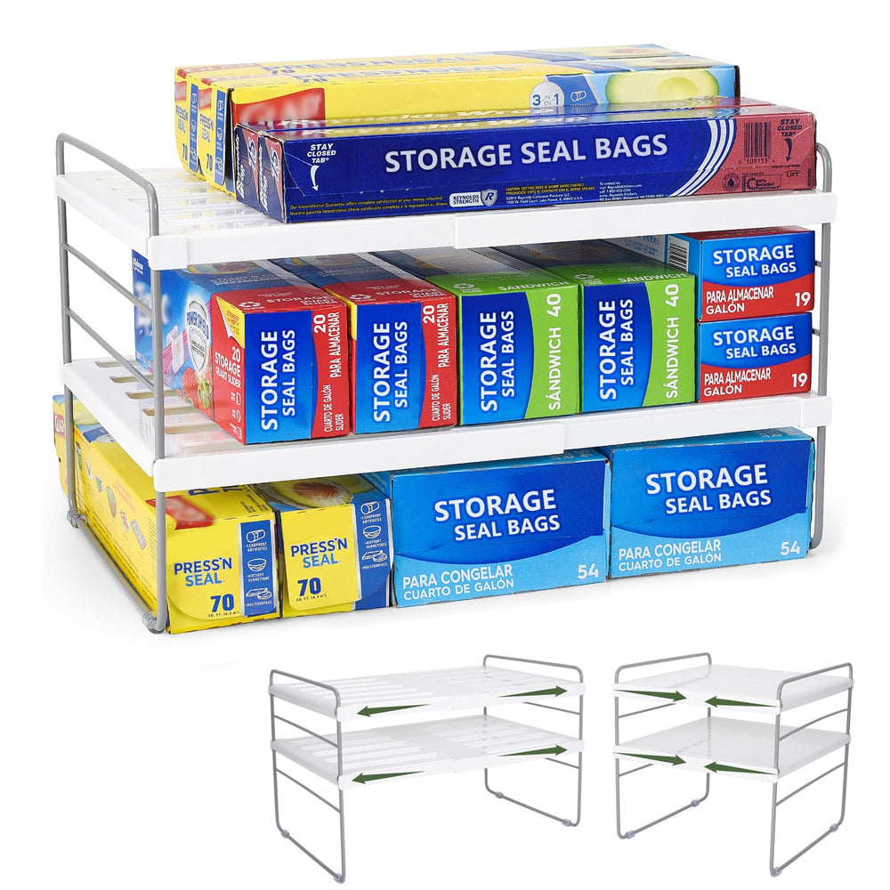 Aionvidas front view of expandable rack showing three tiers and organized wraps for tidy storage