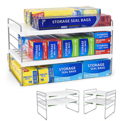 Aionvidas front view of expandable rack showing three tiers and organized wraps for tidy storage