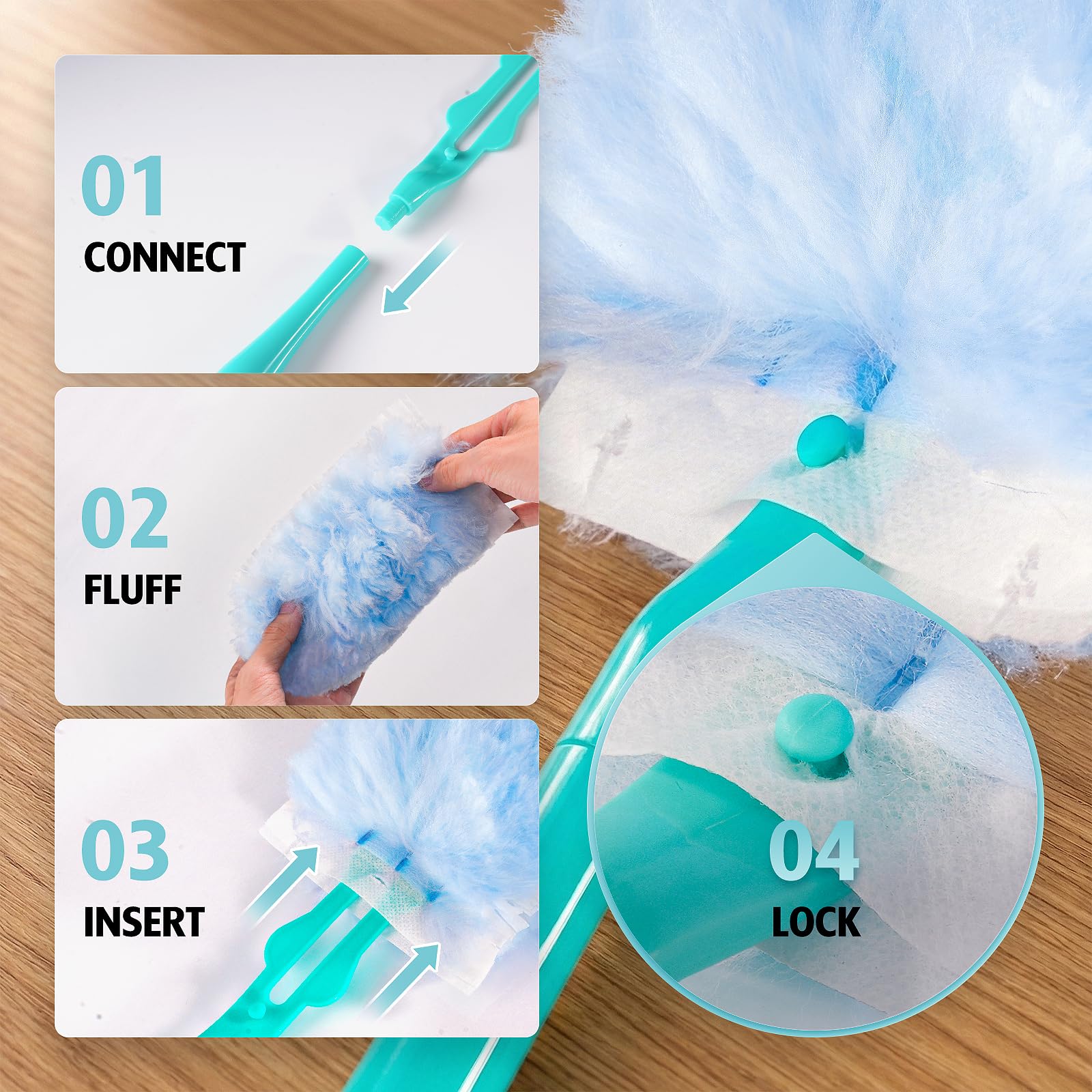 AIR U+ duster on ceiling fan showing overhead reach and stable pad grip