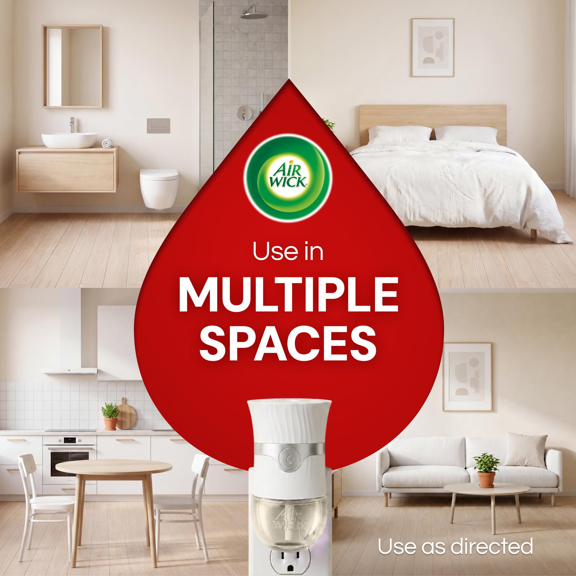 Air Wick refill beside electrical outlet showing compact size and space-saving benefit