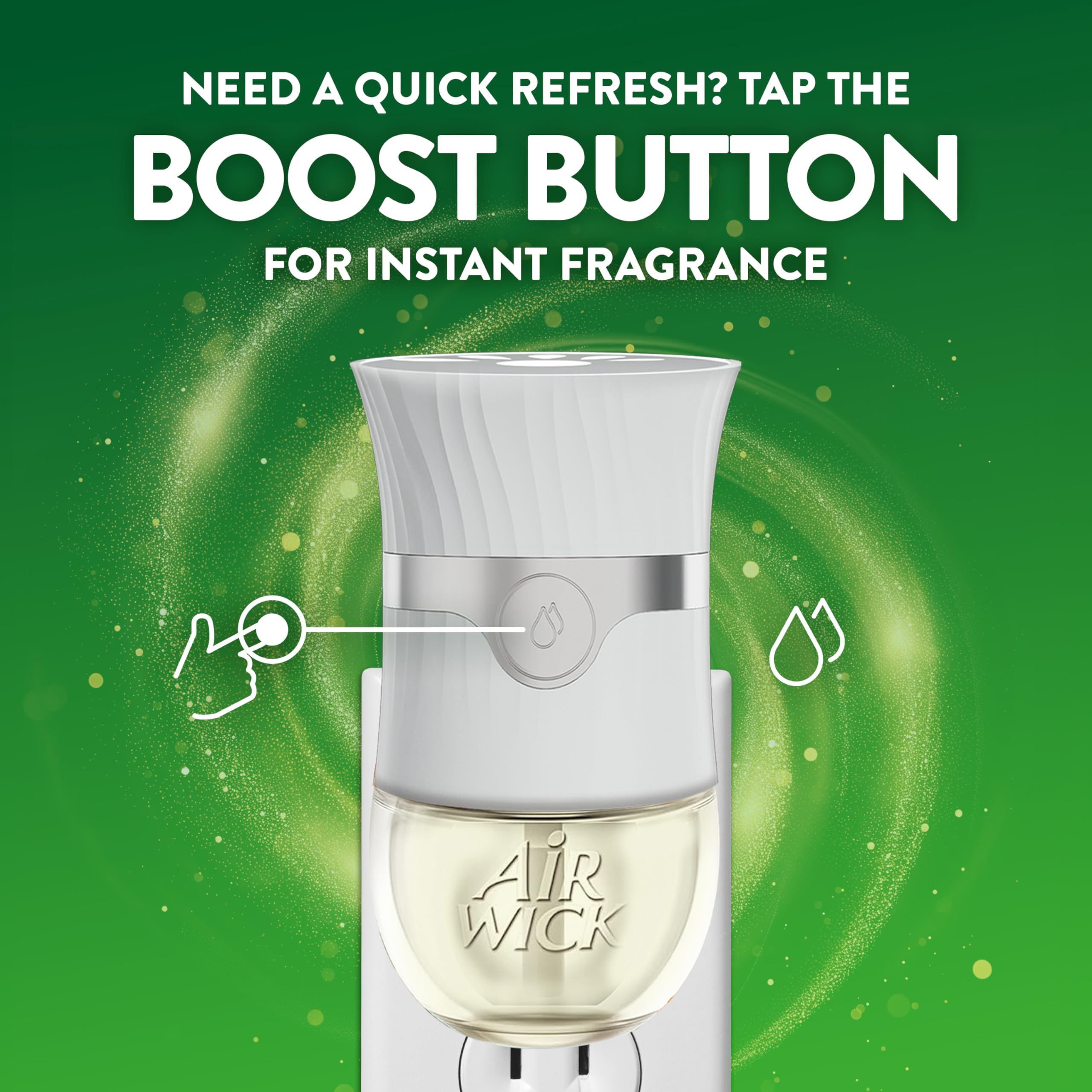 Air Wick warmer on bathroom counter providing continuous fresh fragrance