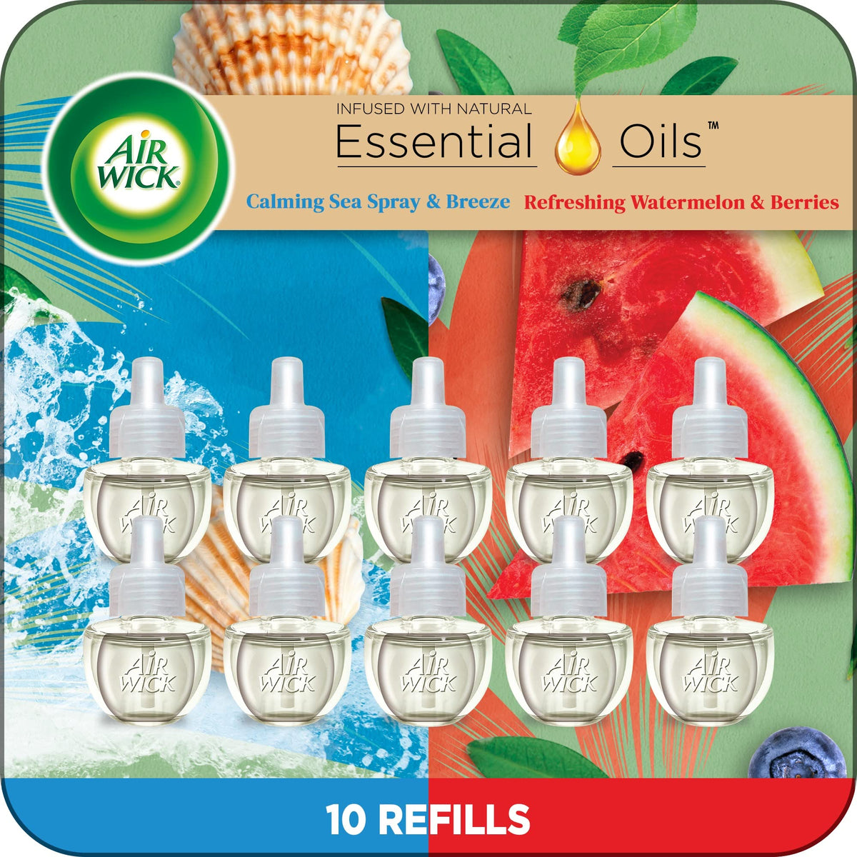 Air Wick front packaging showing calming sea spray and fresh watermelon fragrance for quick identification and shelf appeal