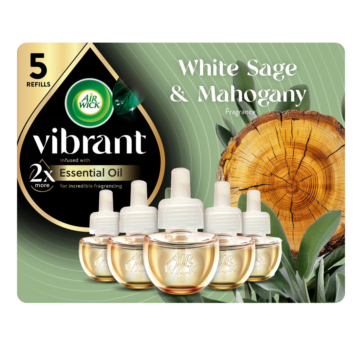 Air Wick front packaging showing White Sage & Mahogany benefits