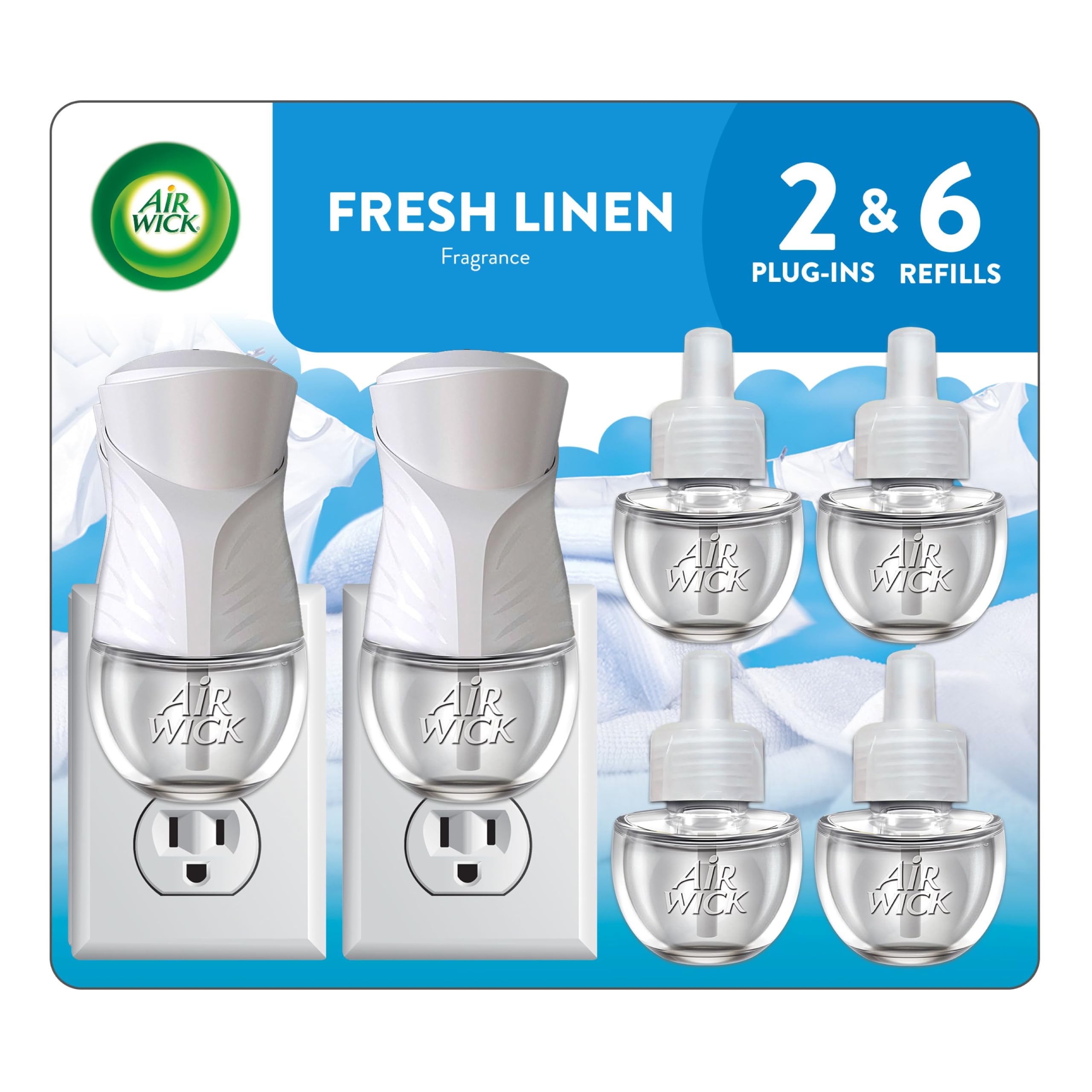 Air Wick front packaging showing starter kit and Fresh Linen scent benefit