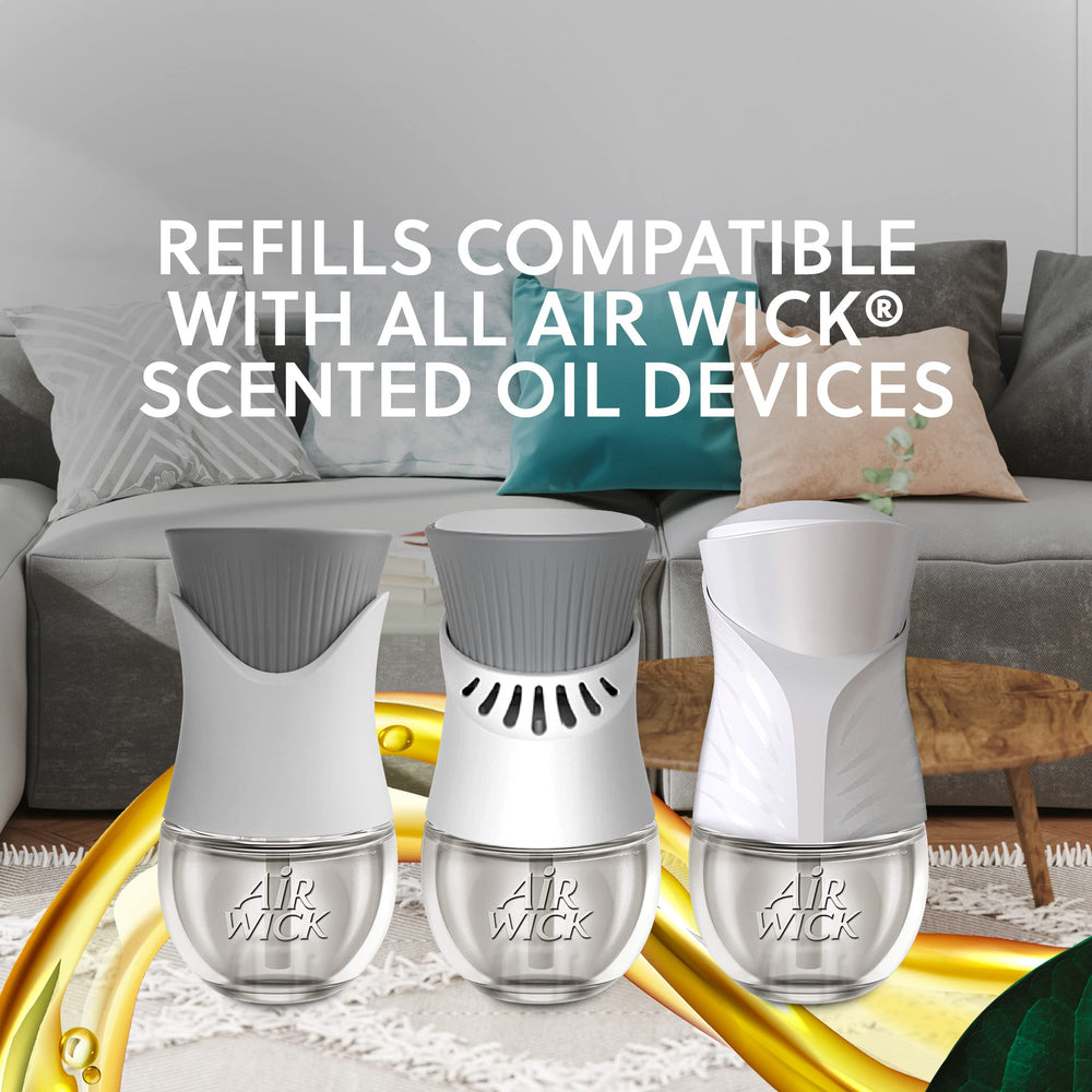 Air Wick refill plugged into a warmer in a living room offering continuous fragrance and comfortable ambiance