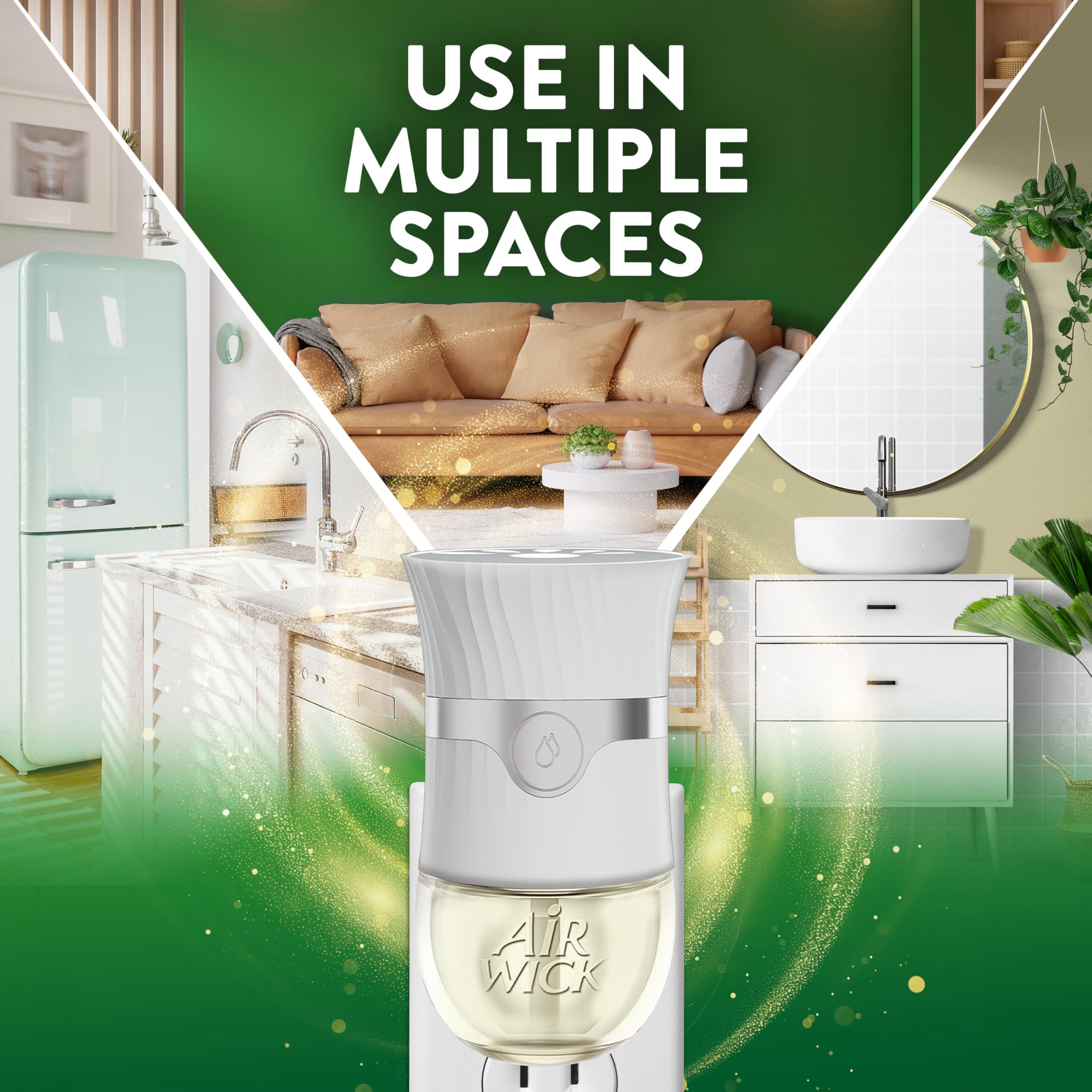 Air Wick warmer plugged in on living room wall dispersing balanced fragrance