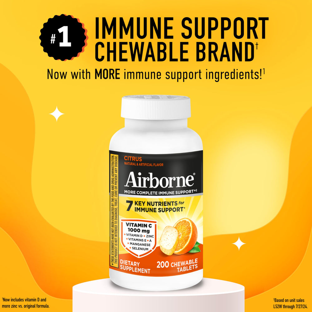 Airborne bottle open with chewable tablets visible for convenient on-the-go support