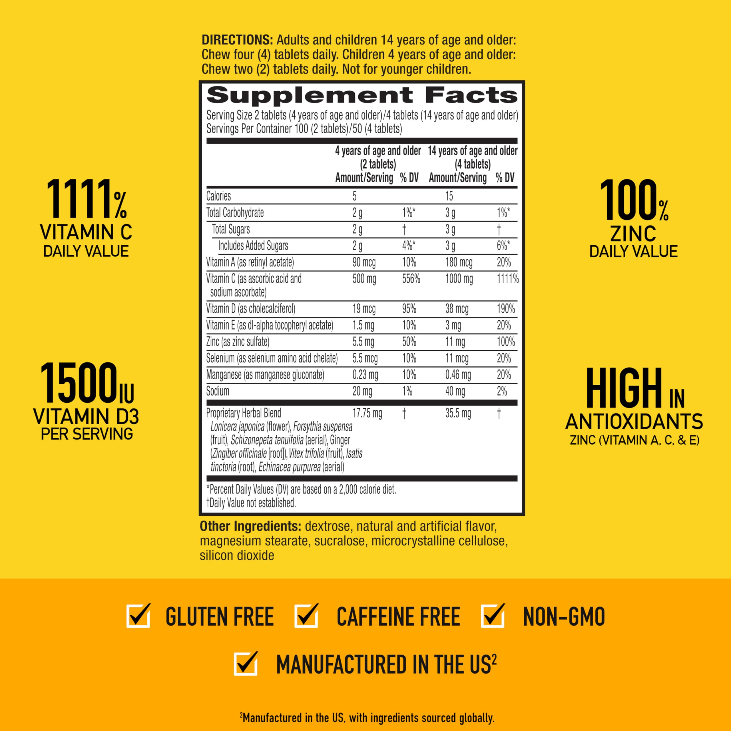 Airborne serving size four tablets displayed to show adult daily vitamin C dose