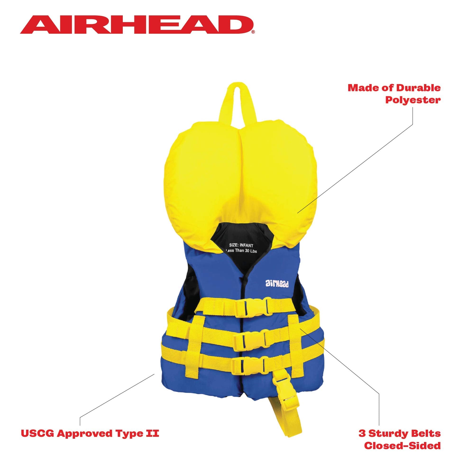 Airhead infant life jacket close-up of headrest and three buckles for secure support